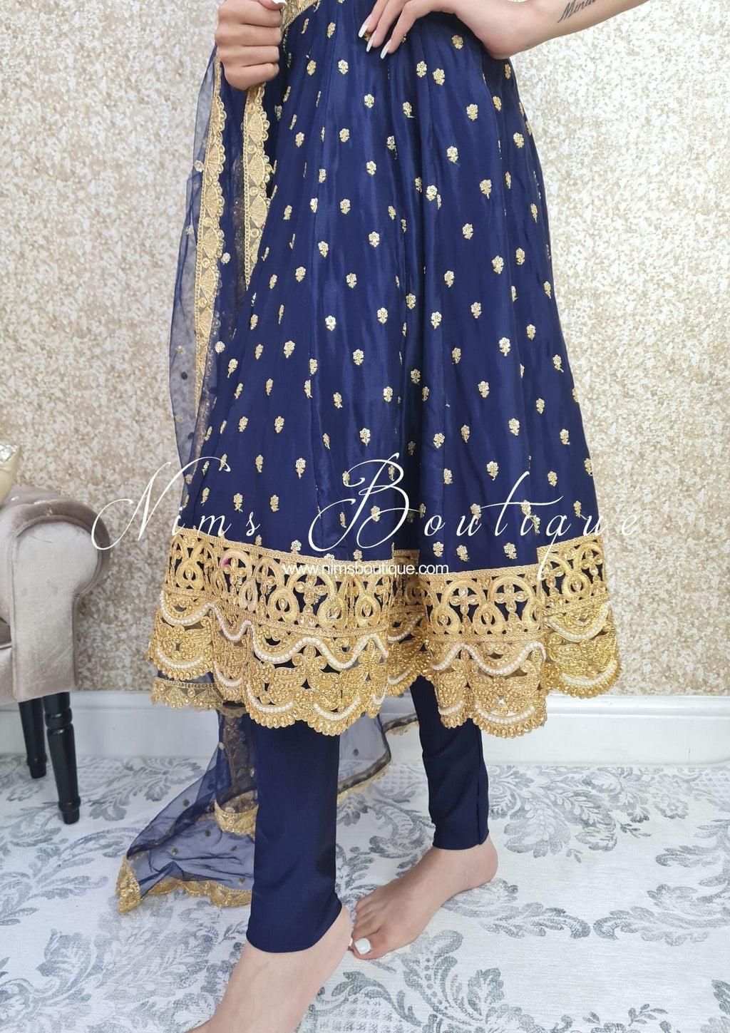 Nims Boutique The NB Luxury Navy Silk Anarkali with Pajami sizes 4-20