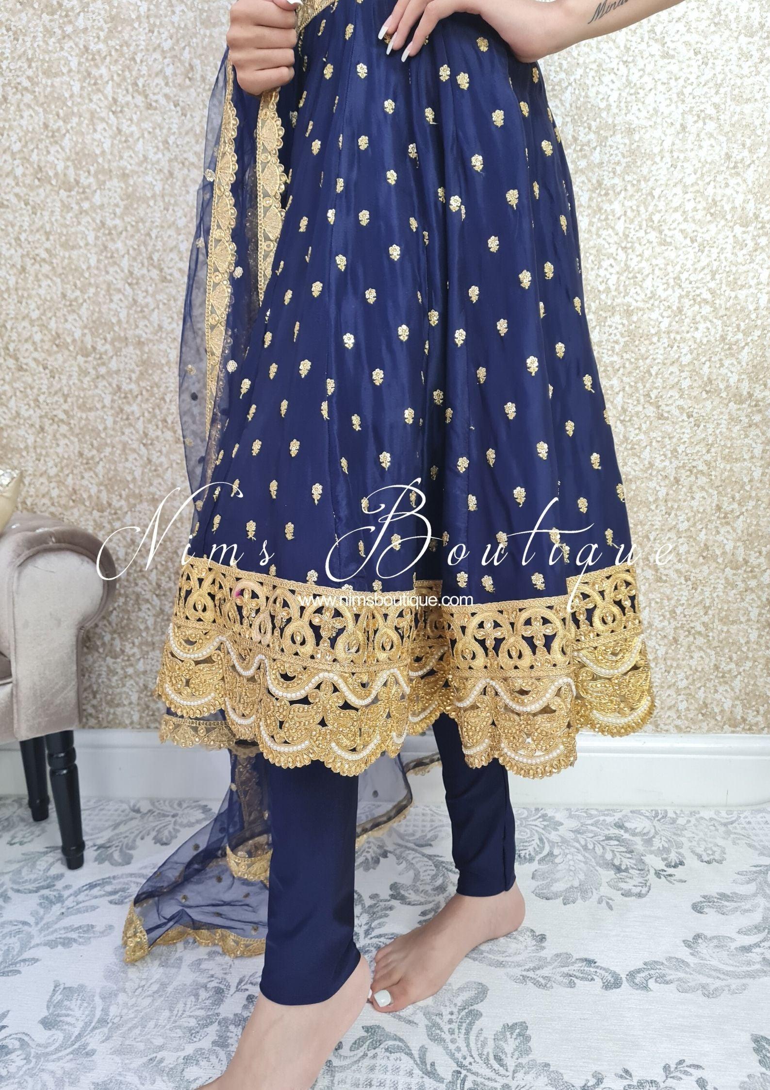 Nims Boutique The NB Luxury Navy Silk Anarkali with Pajami sizes 4-20