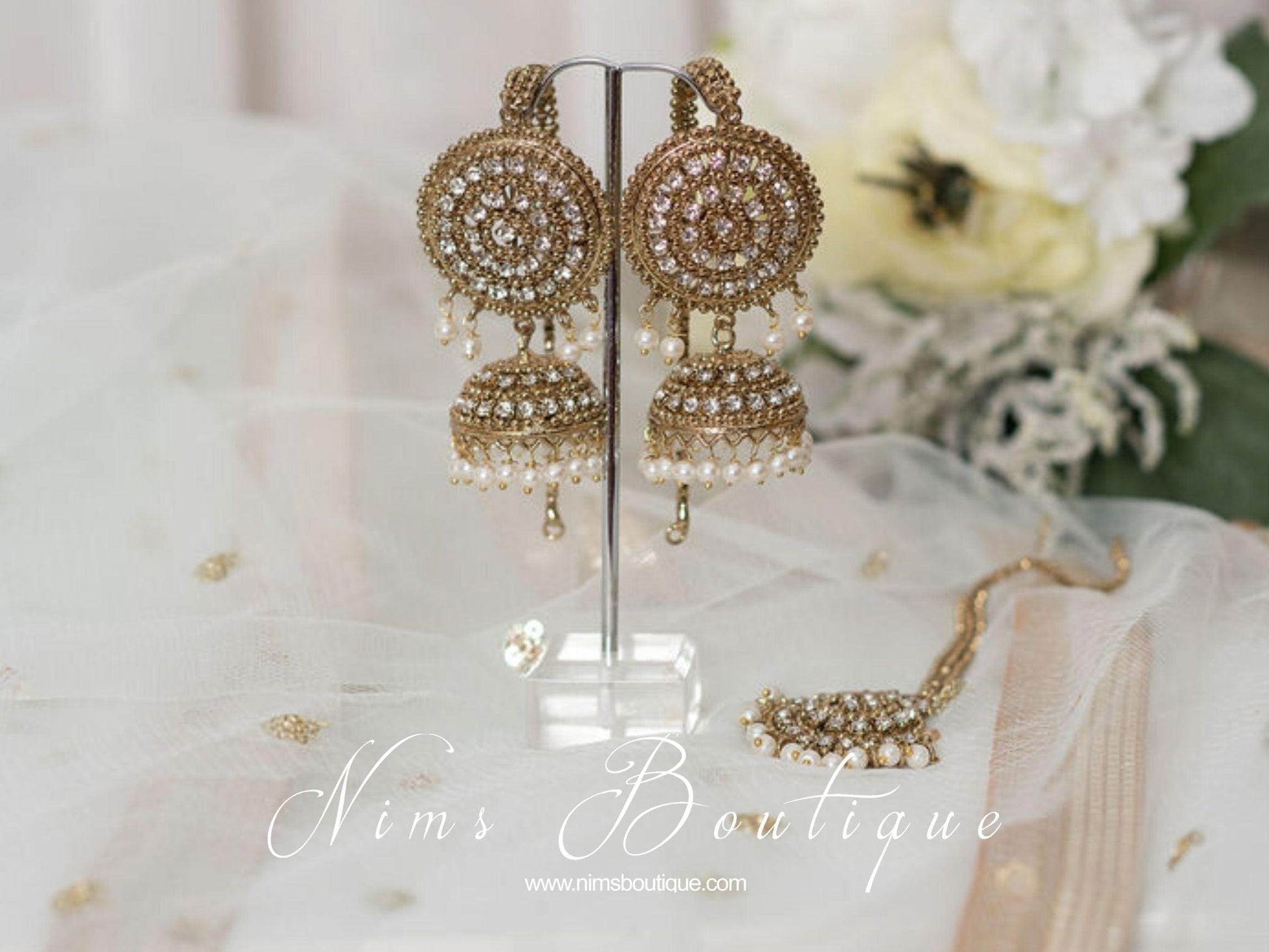 Nims Boutique Royal Antique Gold & Pearl Chumke & Tikka Set with earring chains