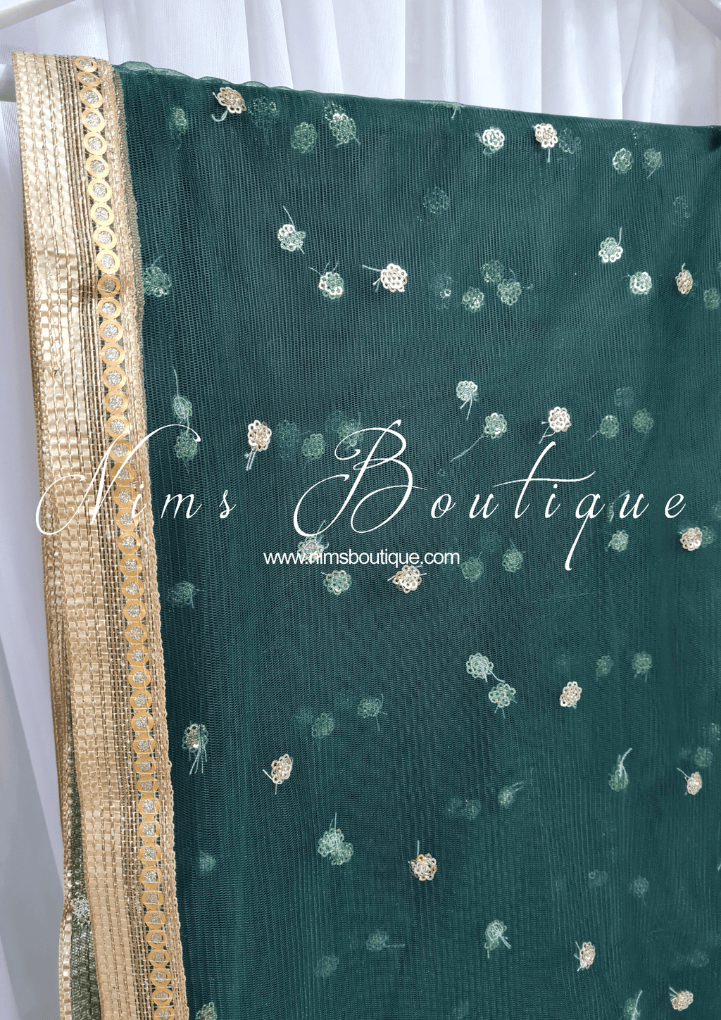 Nims Boutique Dark Green Net Sequin Dupatta/Chunni NS8