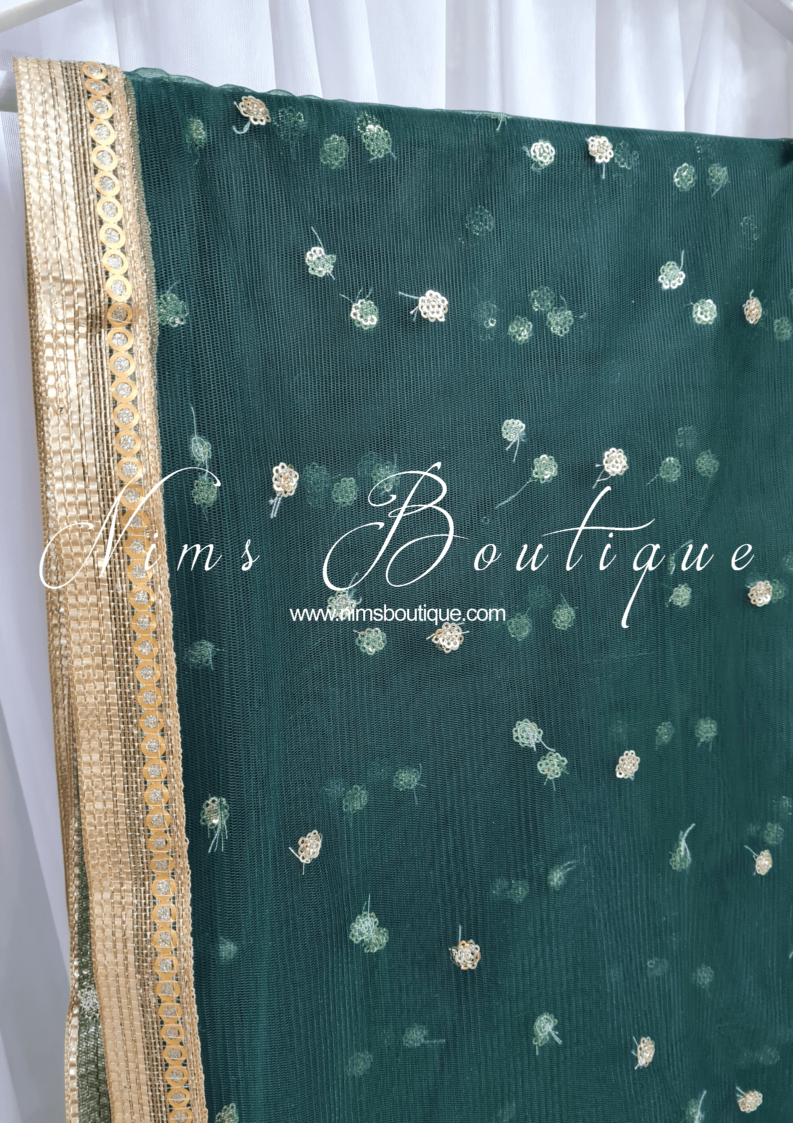 Nims Boutique Dark Green Net Sequin Dupatta/Chunni NS8