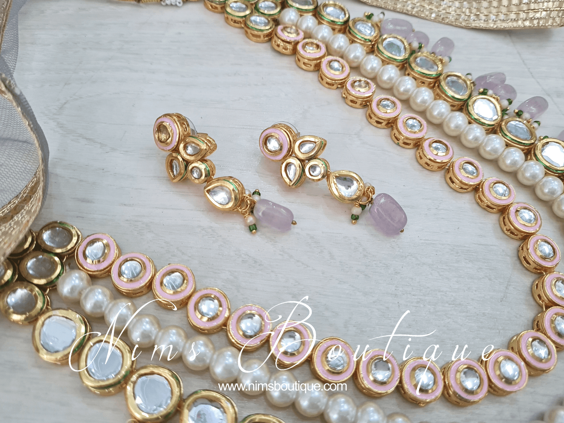 Nims Boutique Myra Blossom Kundan Lilac & Pink Haar Set