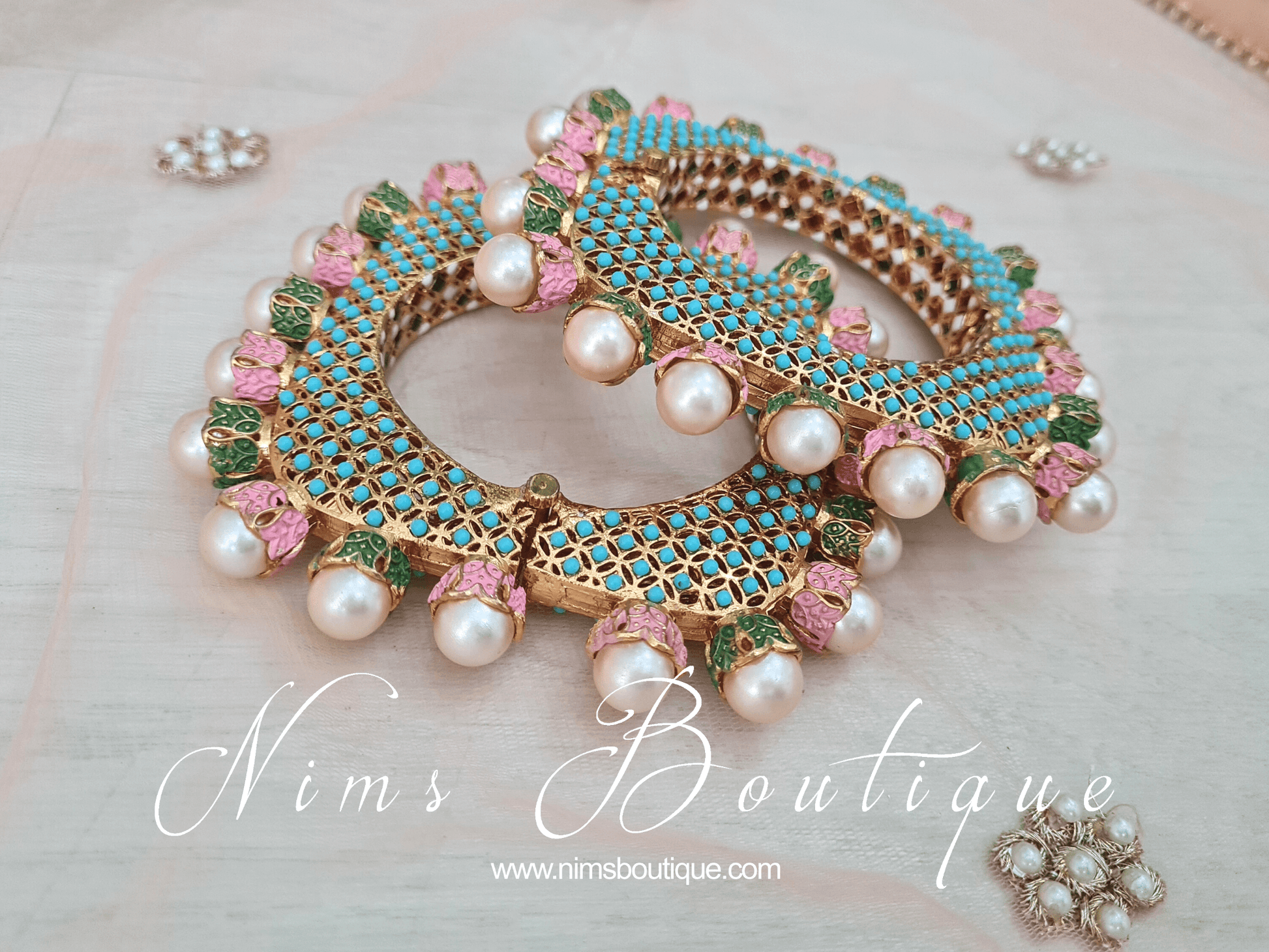 Nims Boutique Luxury Green, Pink & Turquoise Meenakari Kara various sizes