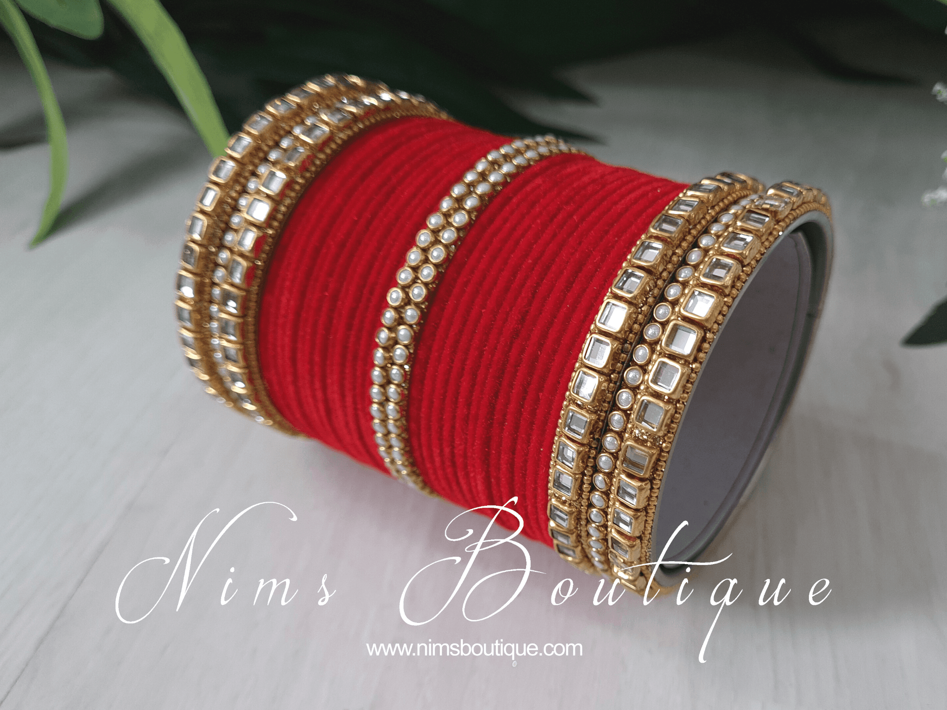 Nims Boutique Red Velvet & Kundan Set of Bangles RV1