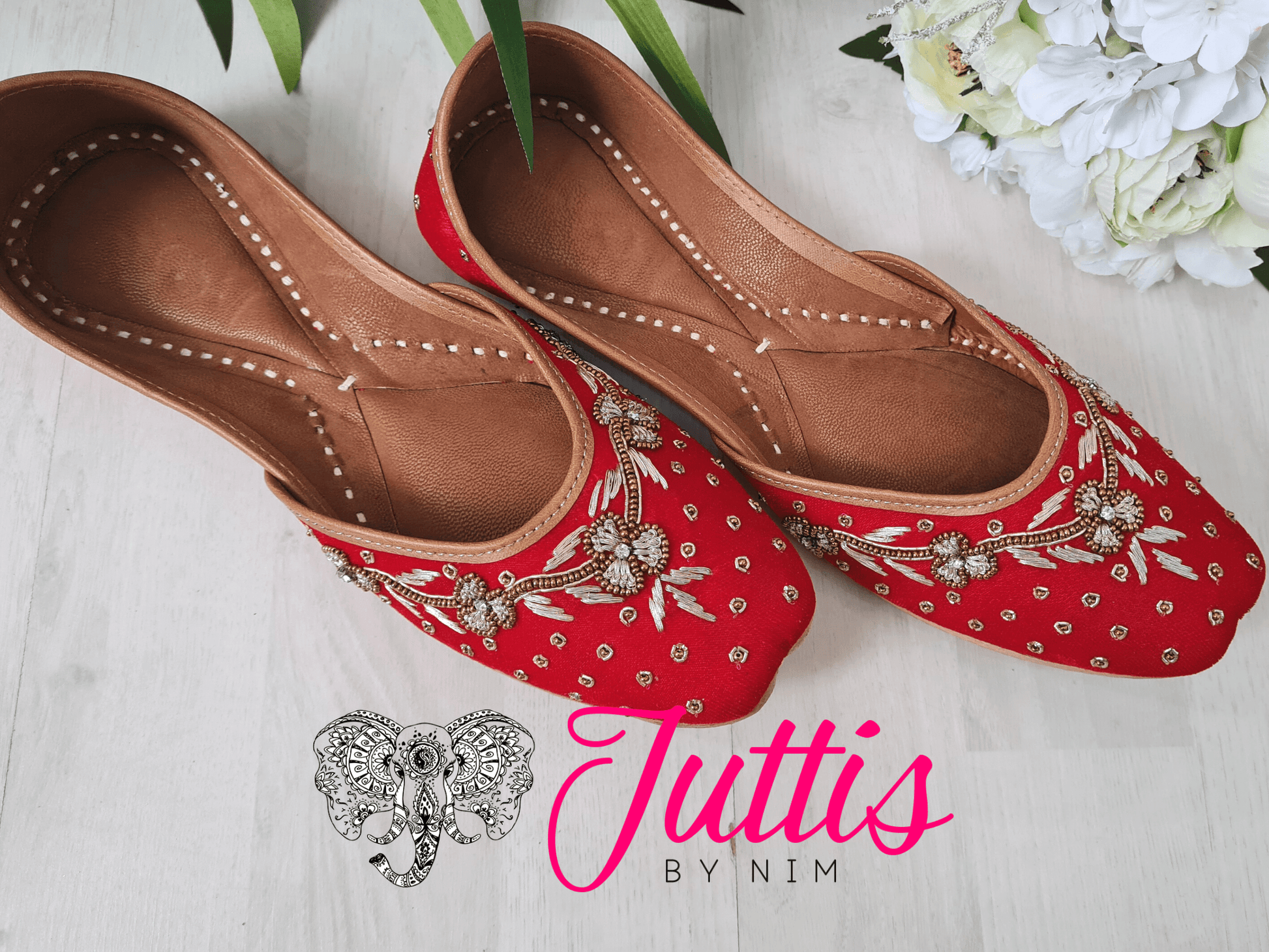 Nims Boutique Luxury Red Velvet Embroidered Leather Punjabi Juttis