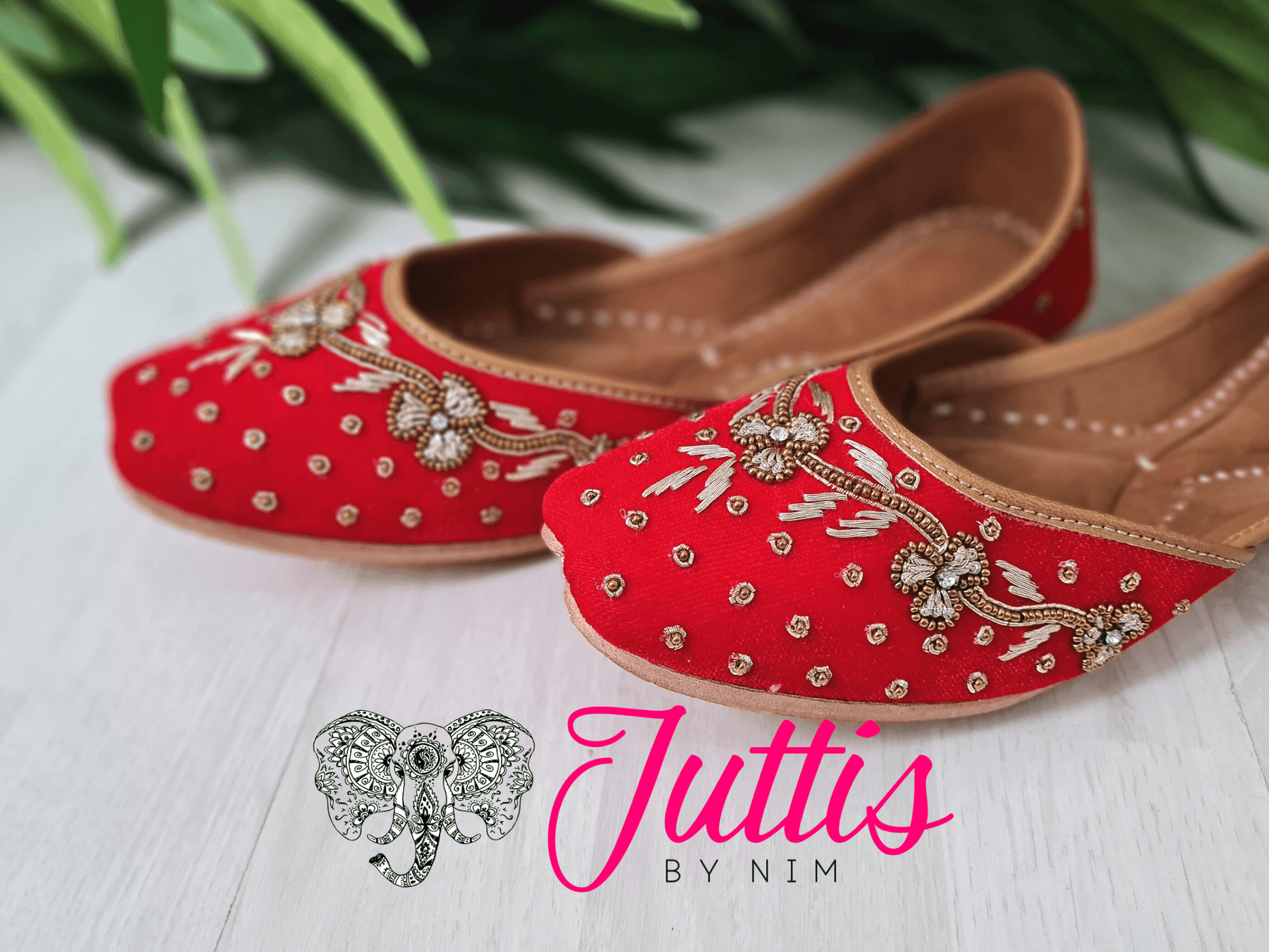 Nims Boutique Luxury Red Velvet Embroidered Leather Punjabi Juttis