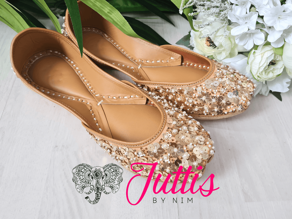 Nims Boutique Luxury Gold Sequin Leather Punjabi Juttis