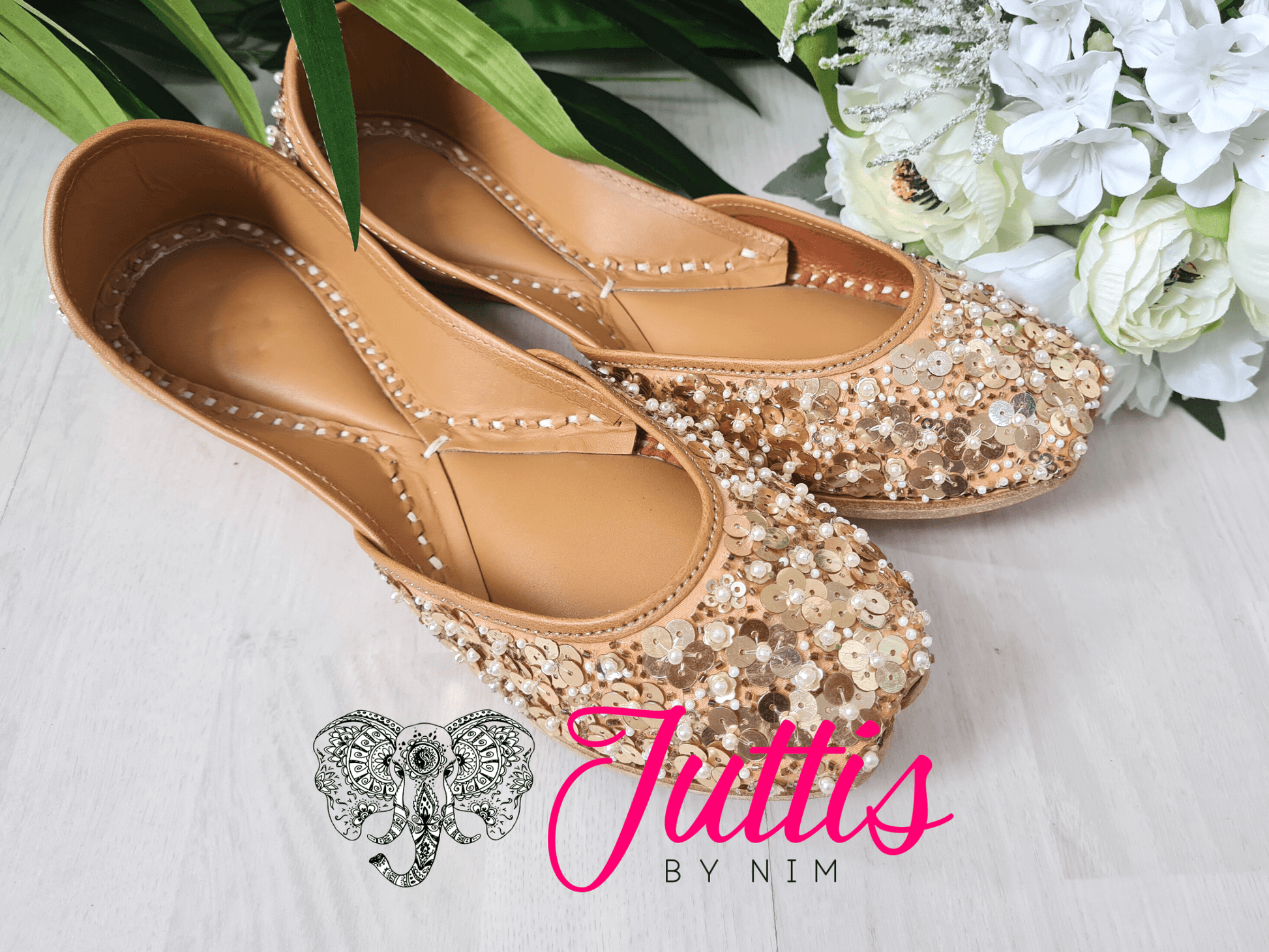 Nims Boutique Luxury Gold Sequin Leather Punjabi Juttis