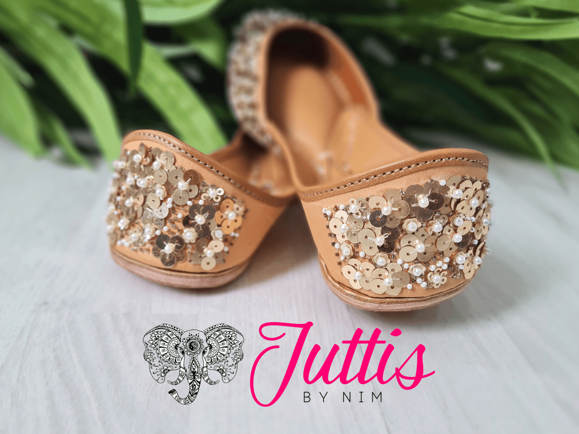 Nims Boutique Luxury Gold Sequin Leather Punjabi Juttis