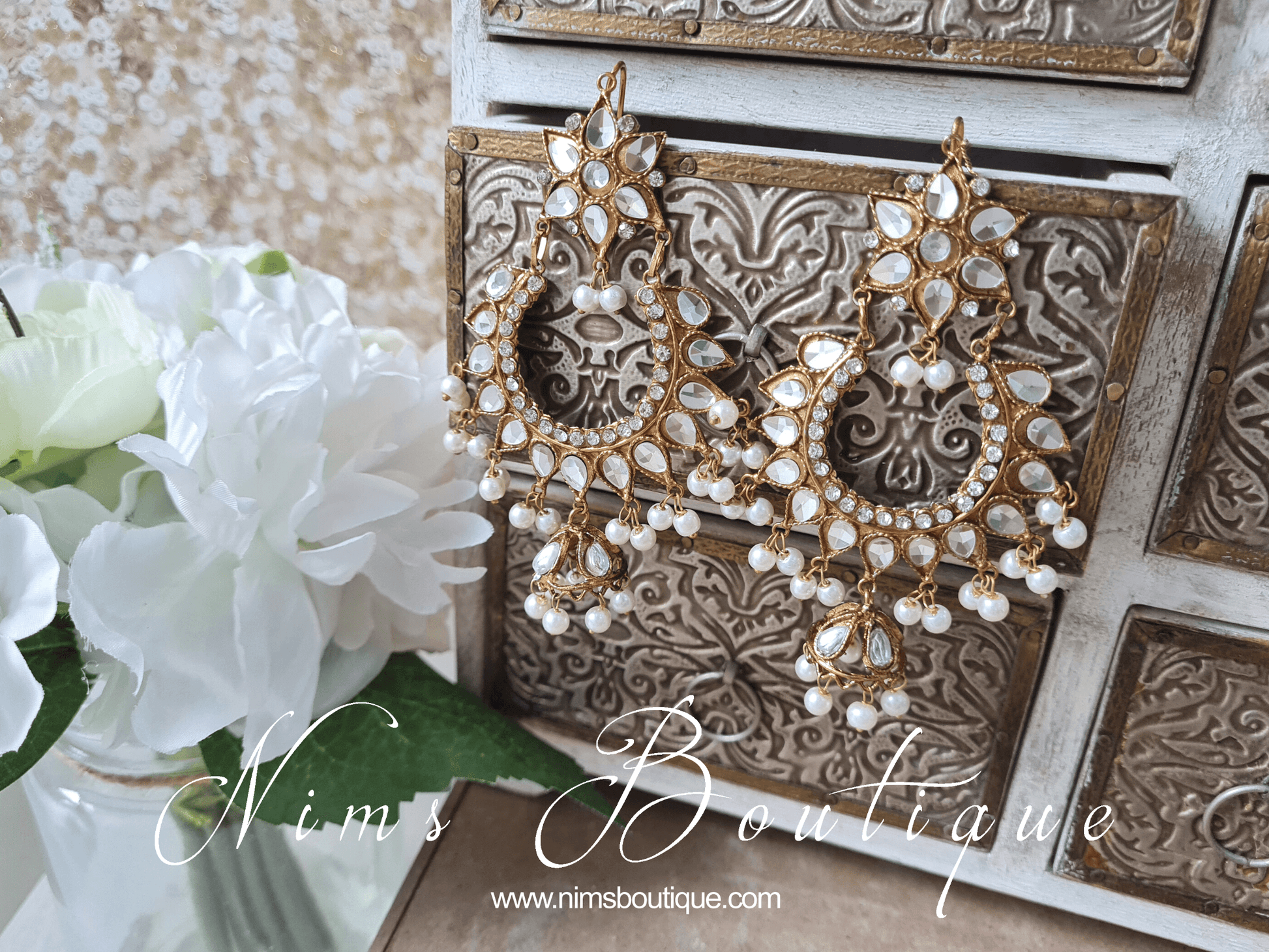 Nims Boutique Small Tanuja Antique Gold & Pearl Maharani Earrings