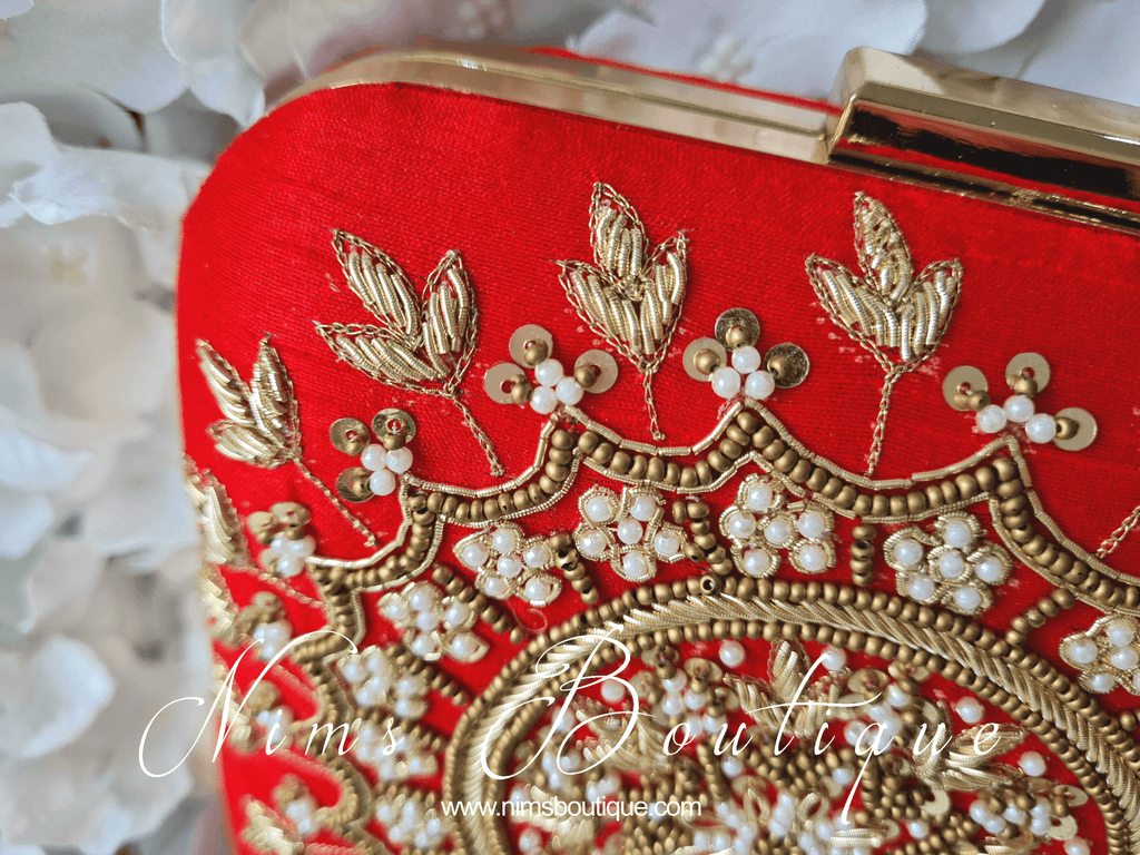 Nims Boutique Large Red Raw Silk Clutch Bag with Pearl & Gold embellishment