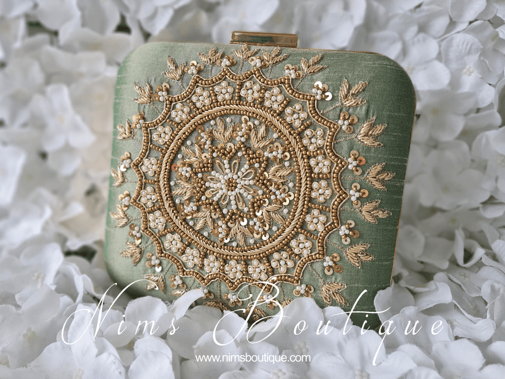 Nims Boutique Large Pistachio Raw Silk Pearl Embellished Clutch Bag