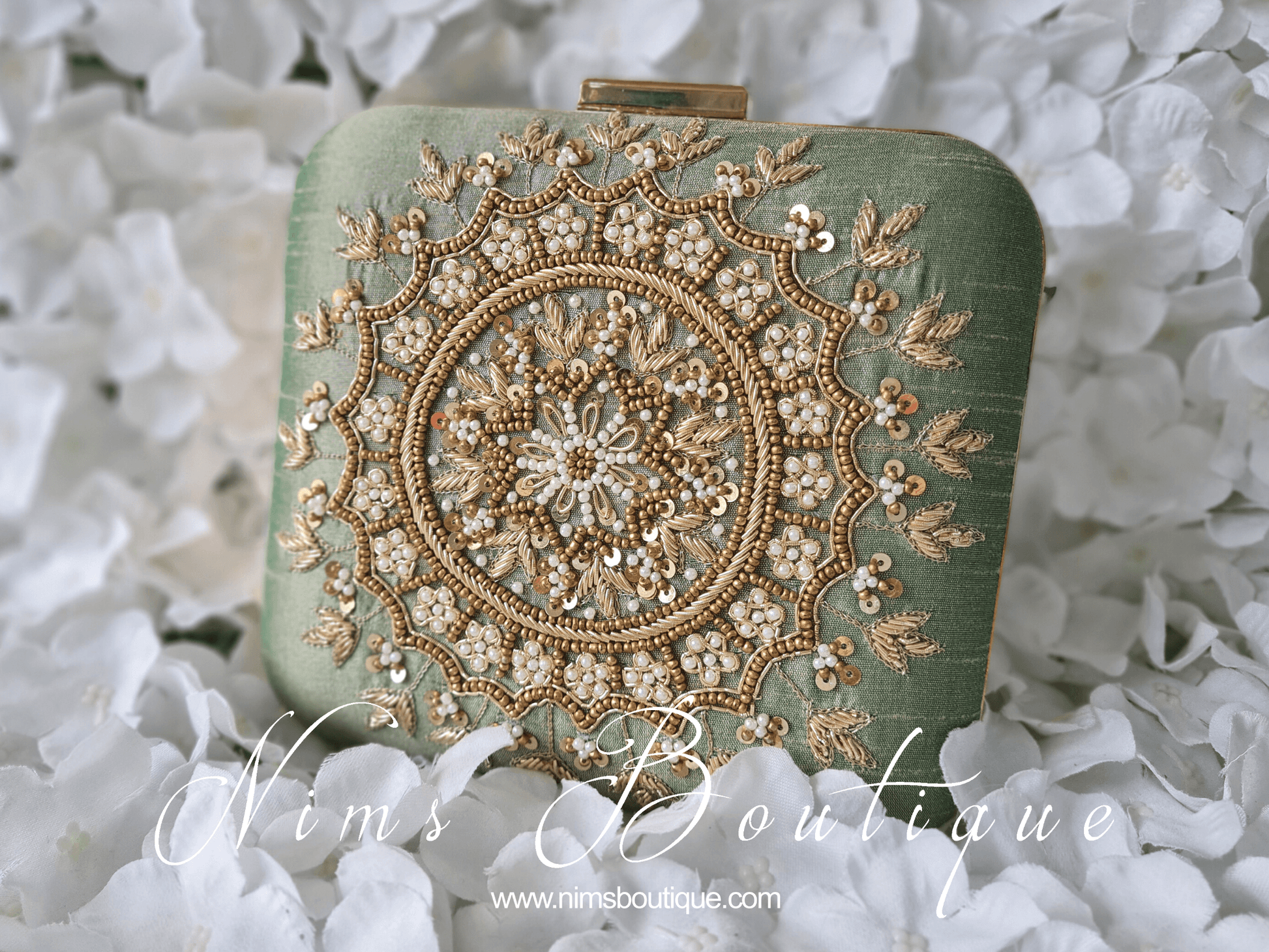 Nims Boutique Large Pistachio Raw Silk Pearl Embellished Clutch Bag