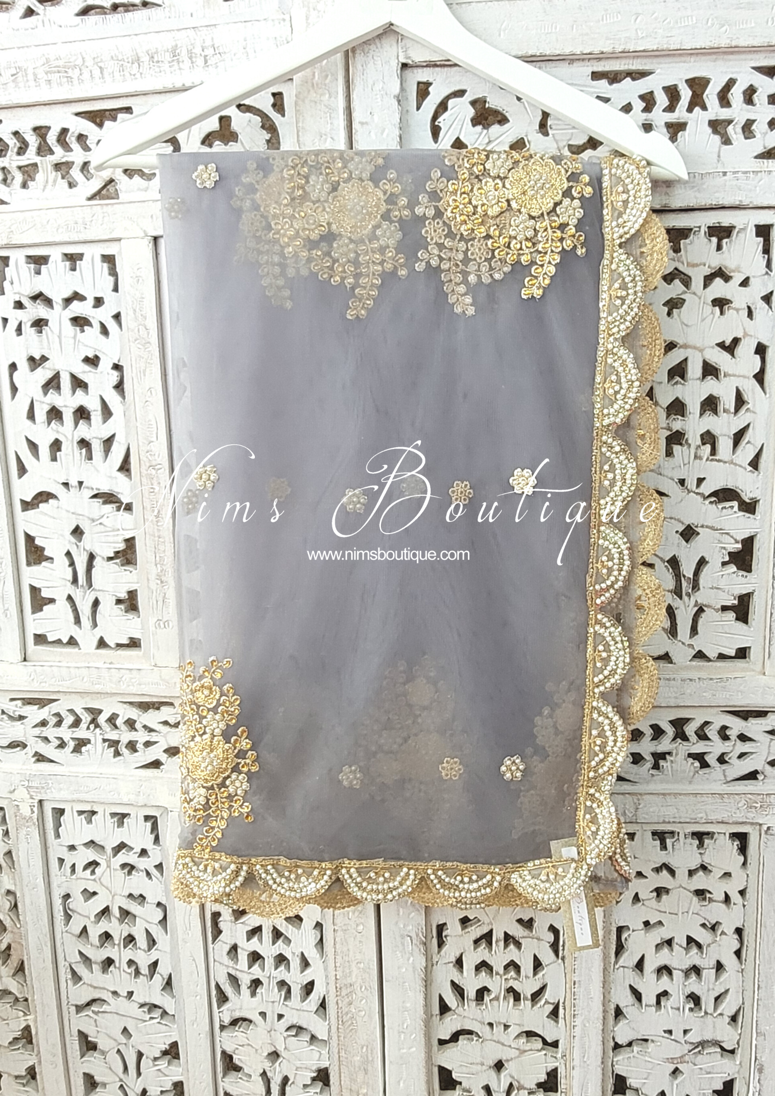 Nims Boutique Pastel Grey Net Pearl Embellished Dupatta/Chunni with Luxury Pearl Edging NPE4