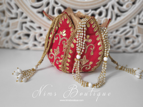 Nims Boutique Bright Red Potli Raw Silk Embellished Bag