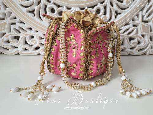 Nims Boutique Pink Potli Raw Silk Embellished Bag