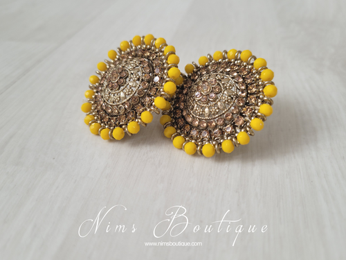 Large Royal Dark Yellow & Gold Stone Stud Earrings