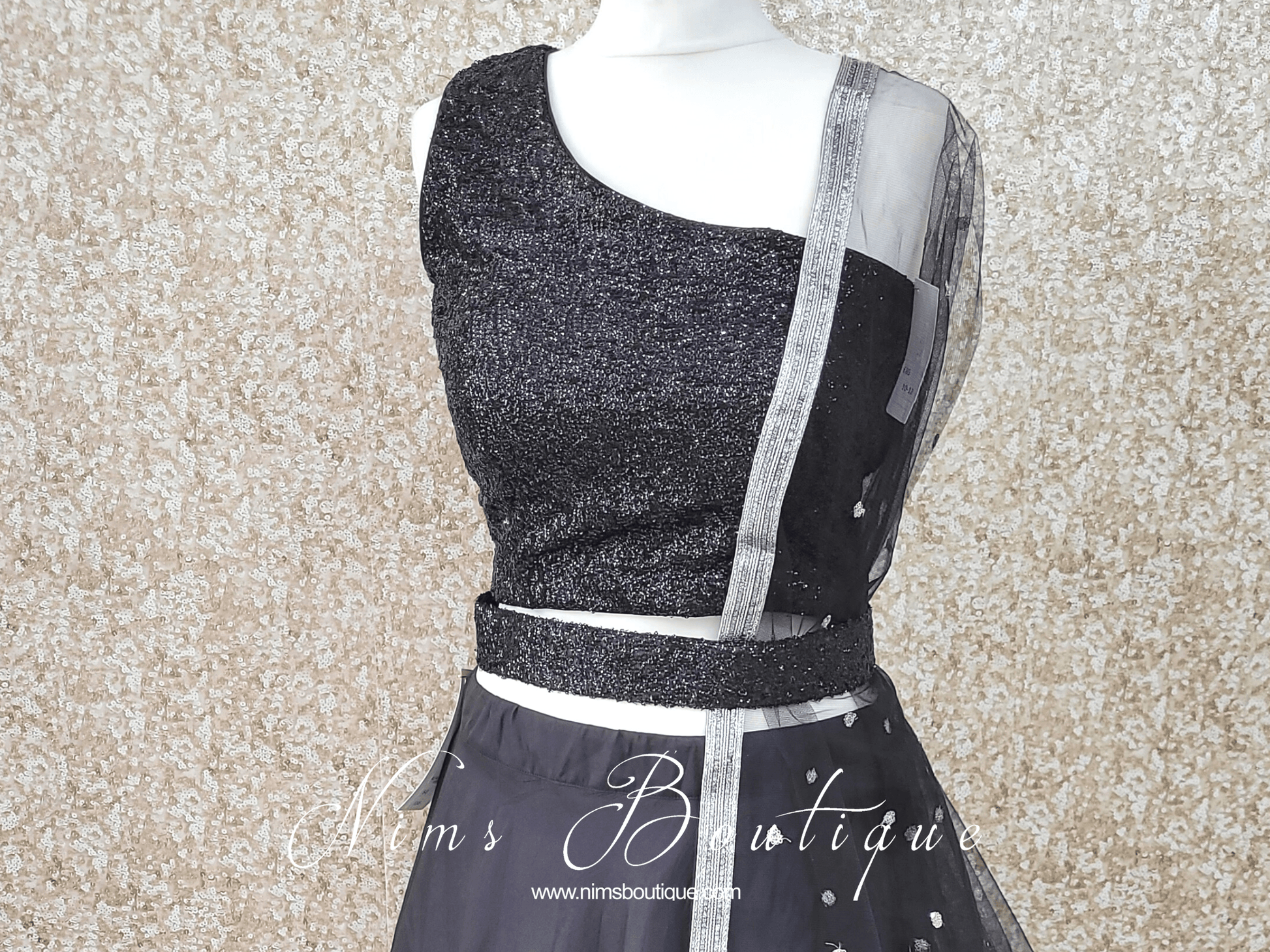 Nims Boutique Luxury One Shoulder Black Sequin Blouse 4-22