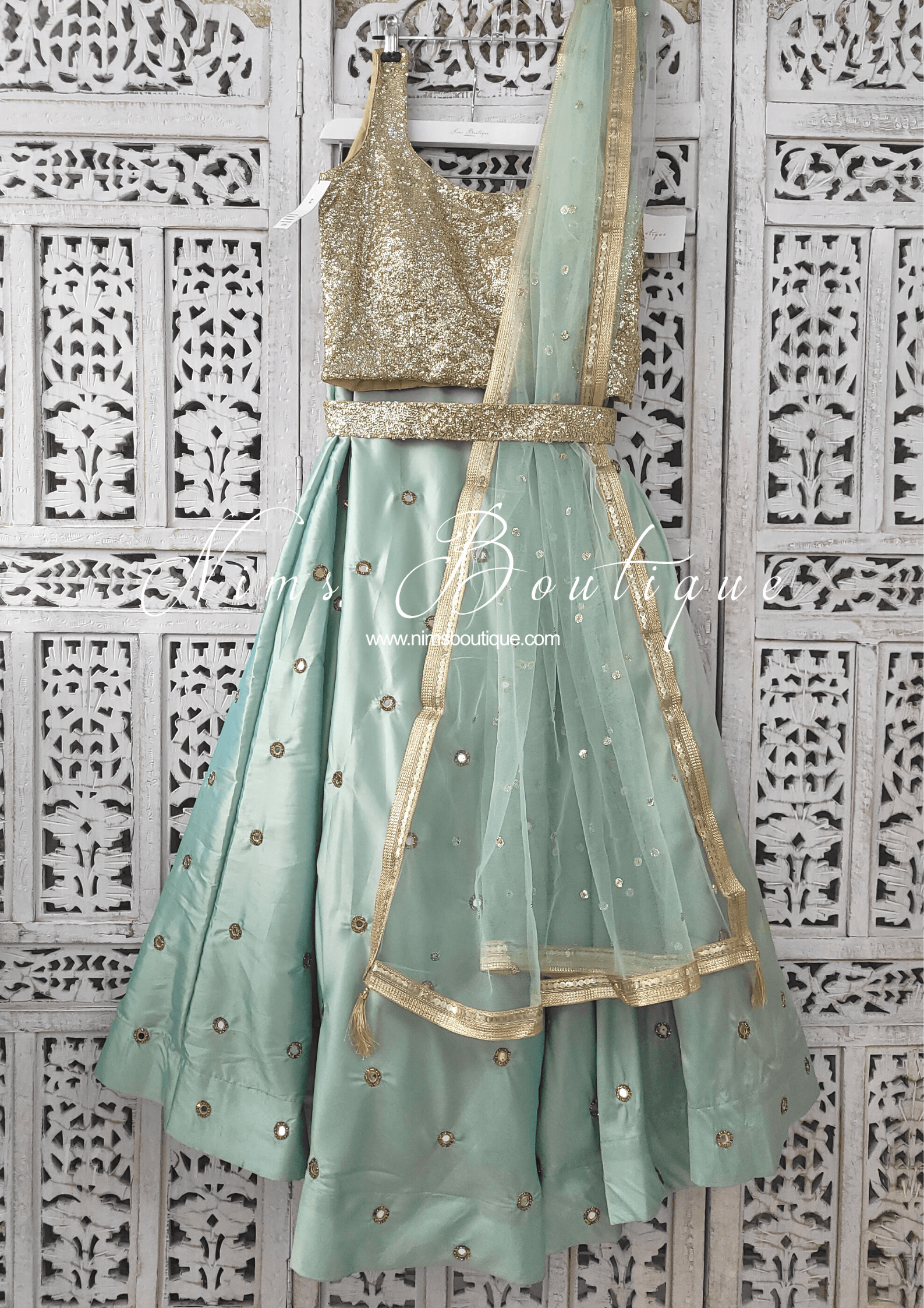 Nims Boutique Rani Luxury Mint Mirror readymade skirt/lehnga size 4-24