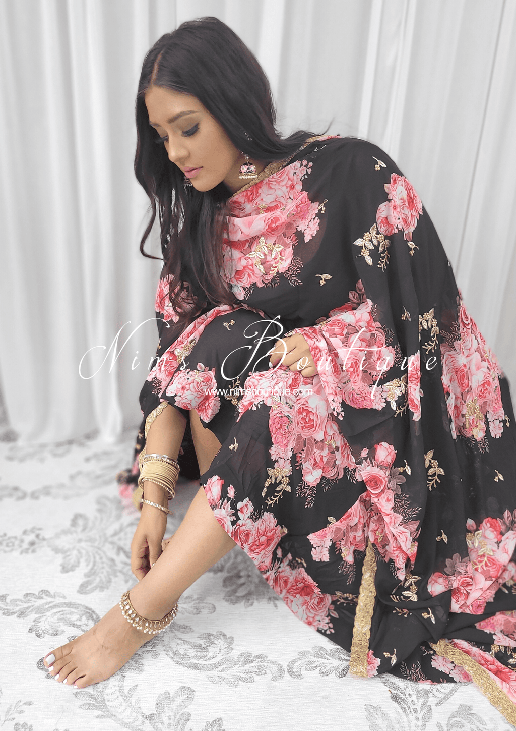 Nims Boutique La Floraison Black Georgette Floral readymade skirt/lehnga sizes 4-24