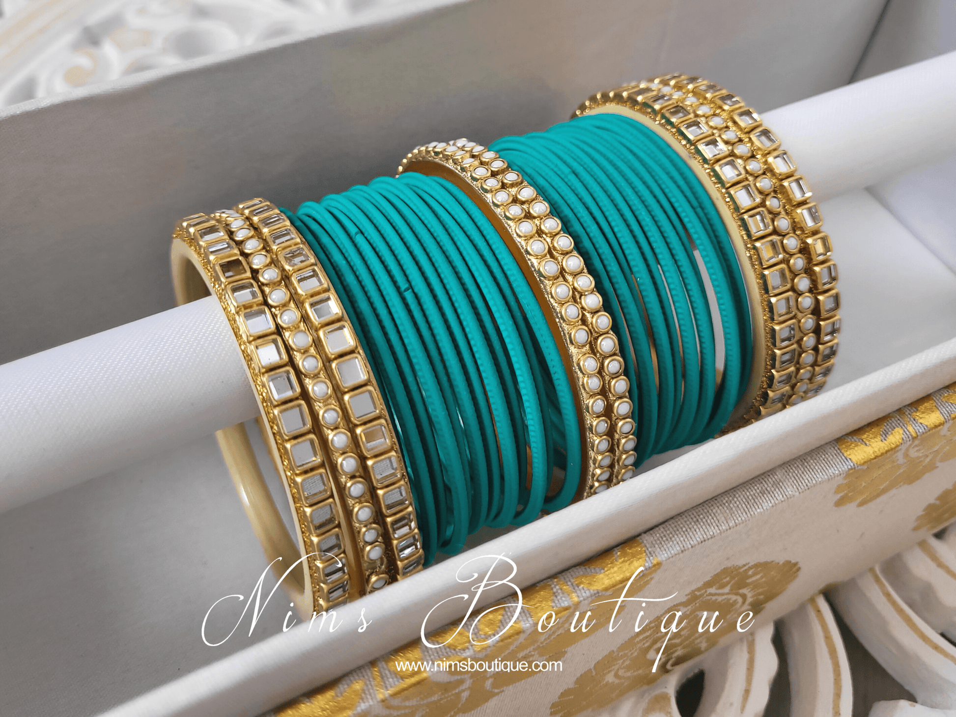 Nims Boutique Peacock Green & Kundan Set of Bangles PG1