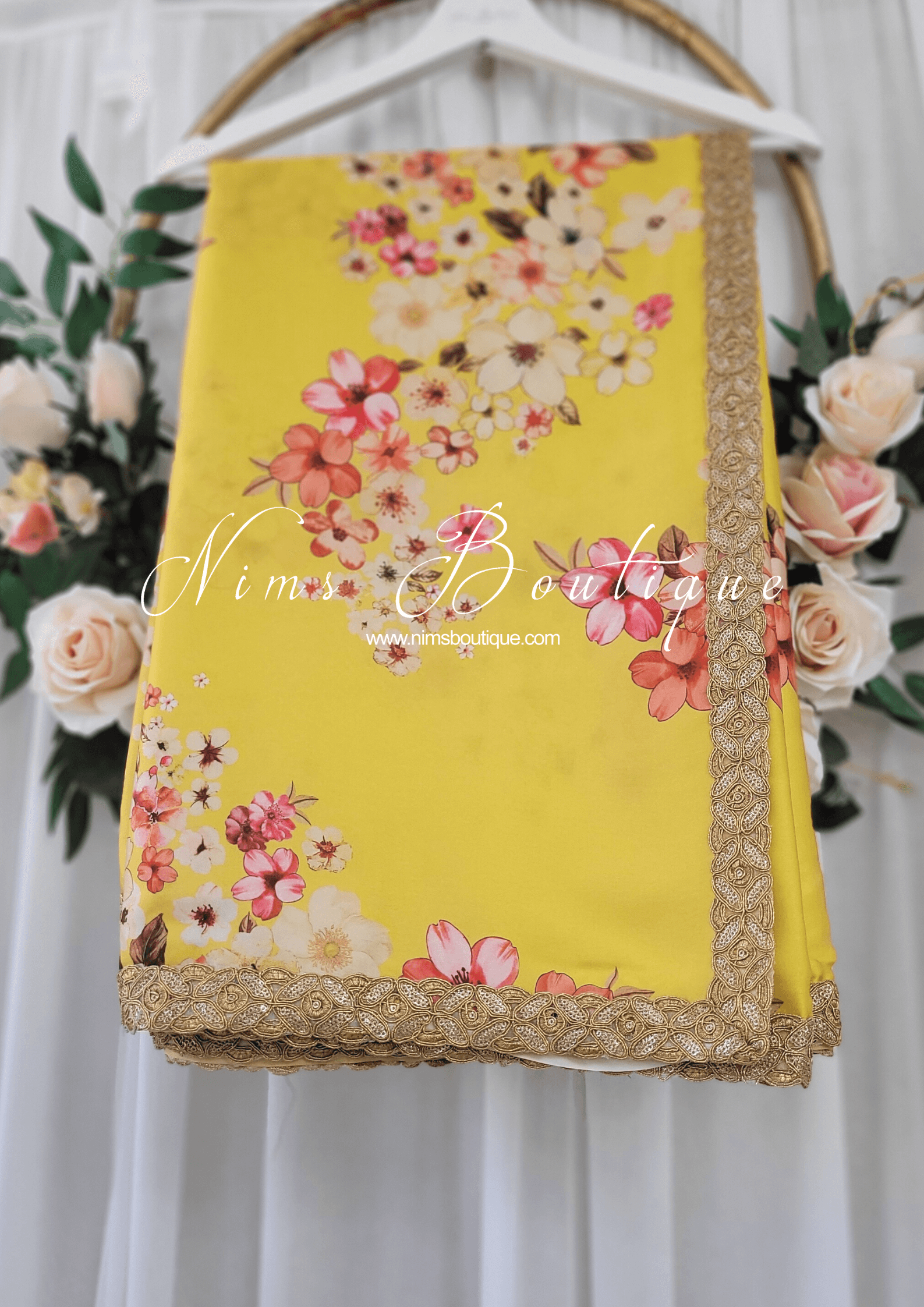 Nims Boutique La Floraison Yellow Floral Satin Saree