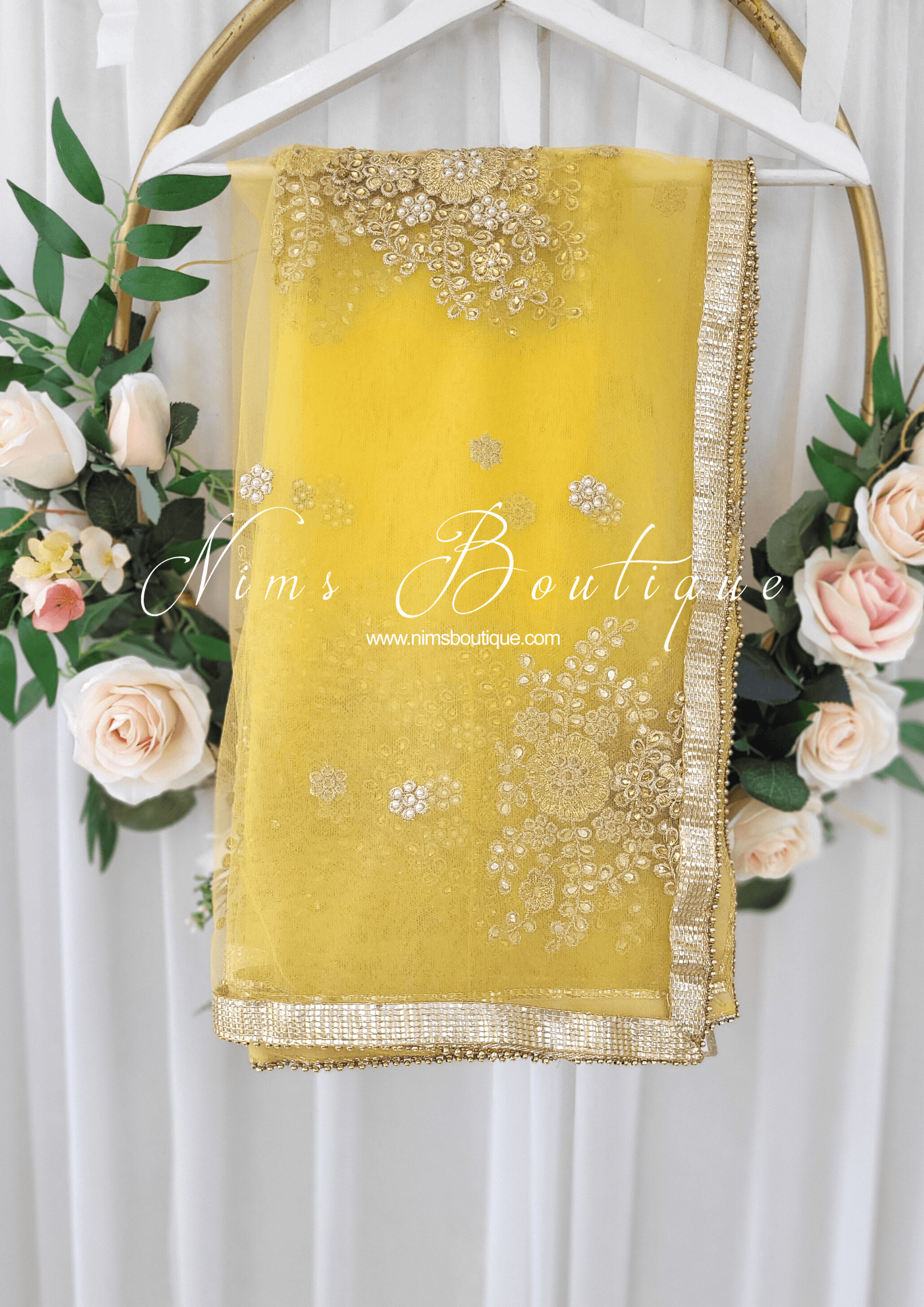 Nims Boutique Yellow Net Pearl Embellished Dupatta/Chunni NP4
