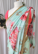 La Floraison Mint Floral Georgette Saree