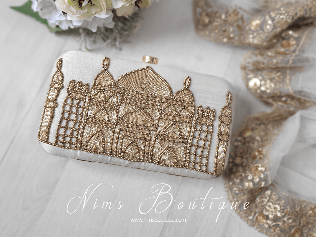 Nims Boutique Taj Cream Raw Silk Clutch Bag