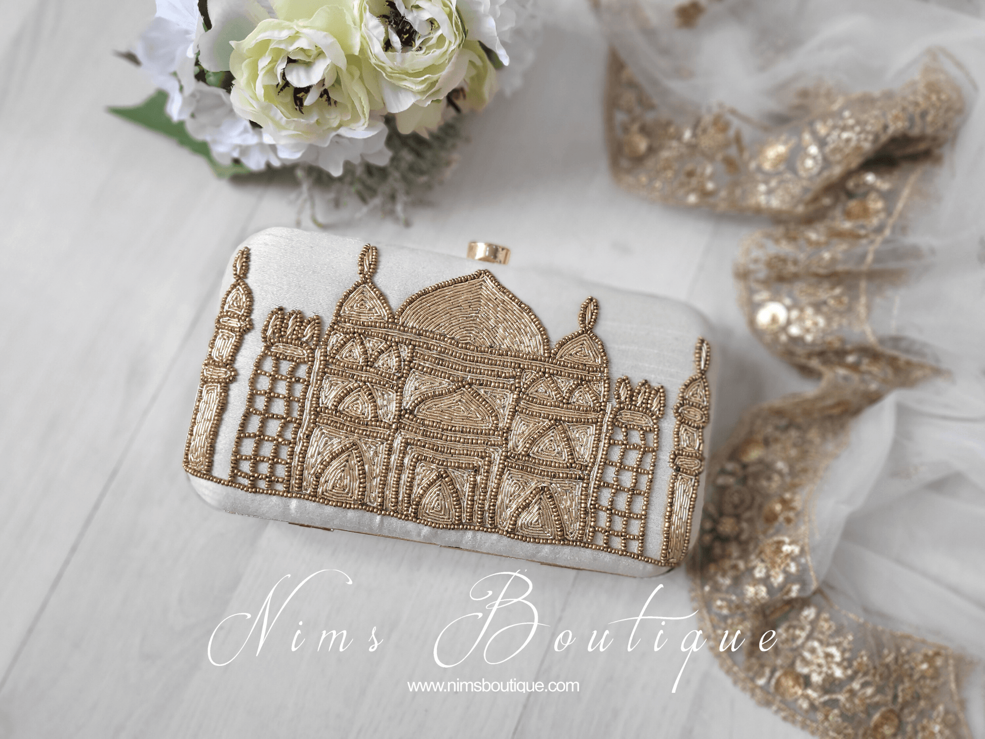 Nims Boutique Taj Cream Raw Silk Clutch Bag