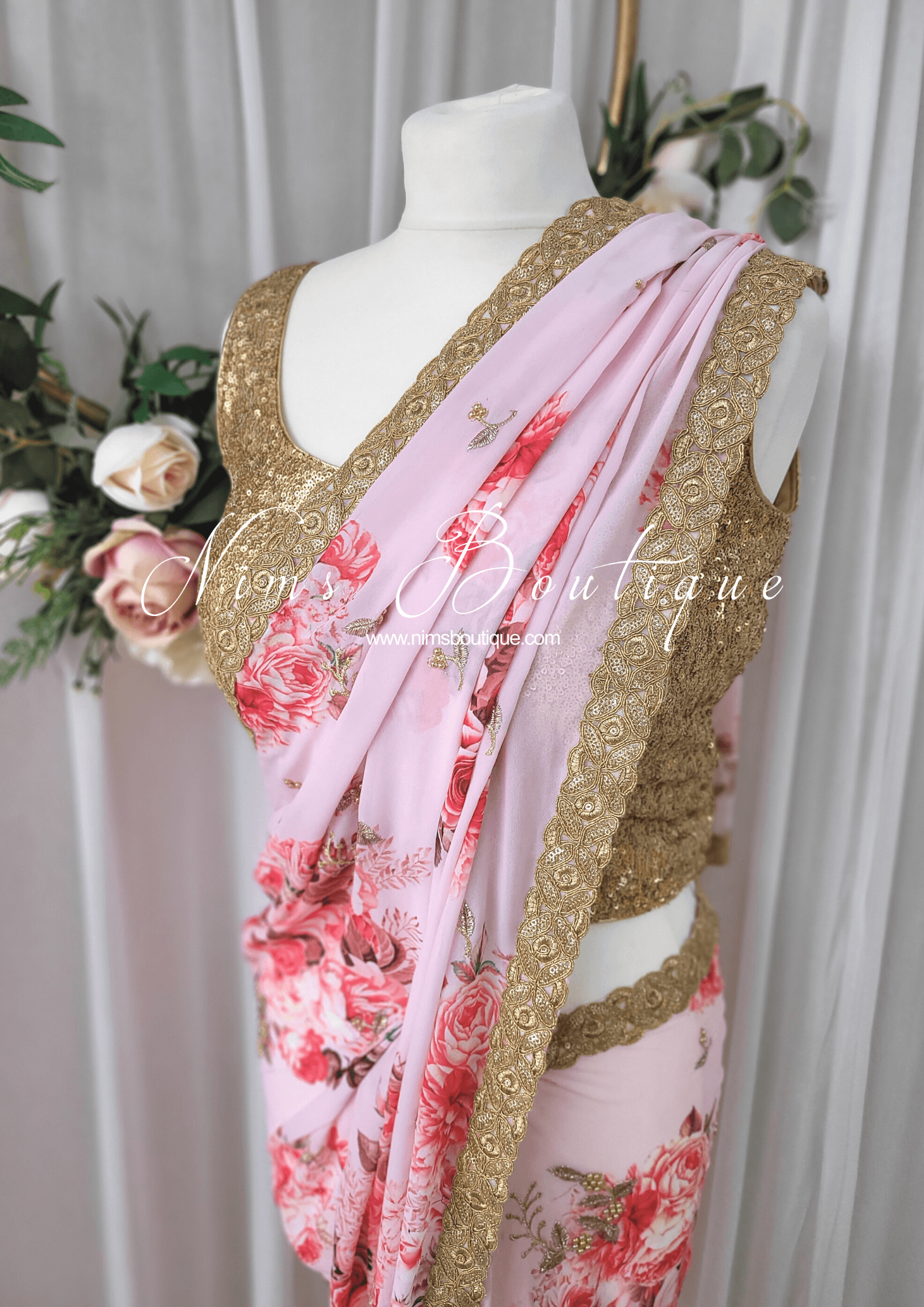 Nims Boutique La Floraison Pink Floral Georgette Saree