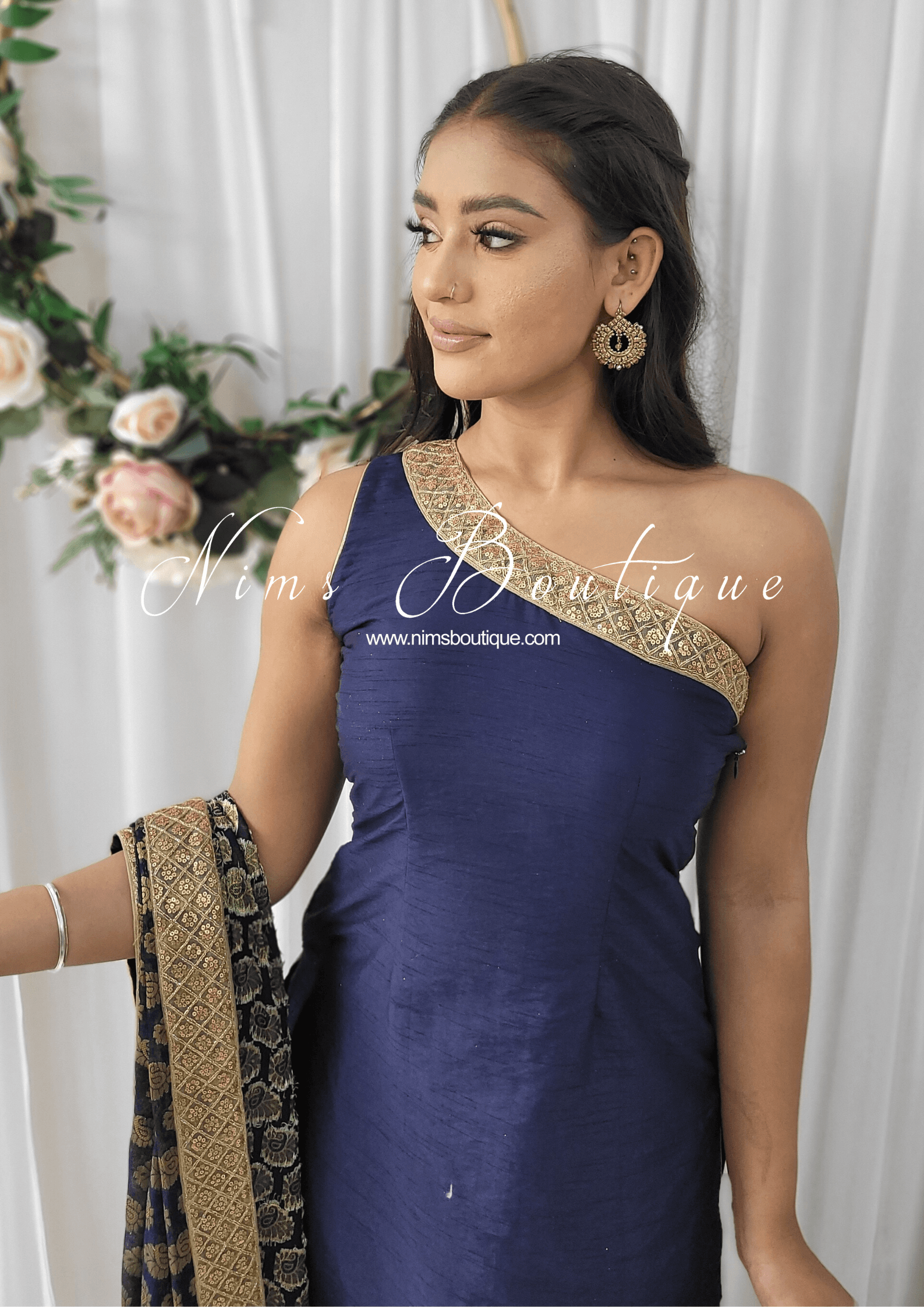 Nims Boutique One Shoulder Silk Navy Pajami Suit sizes 4-16