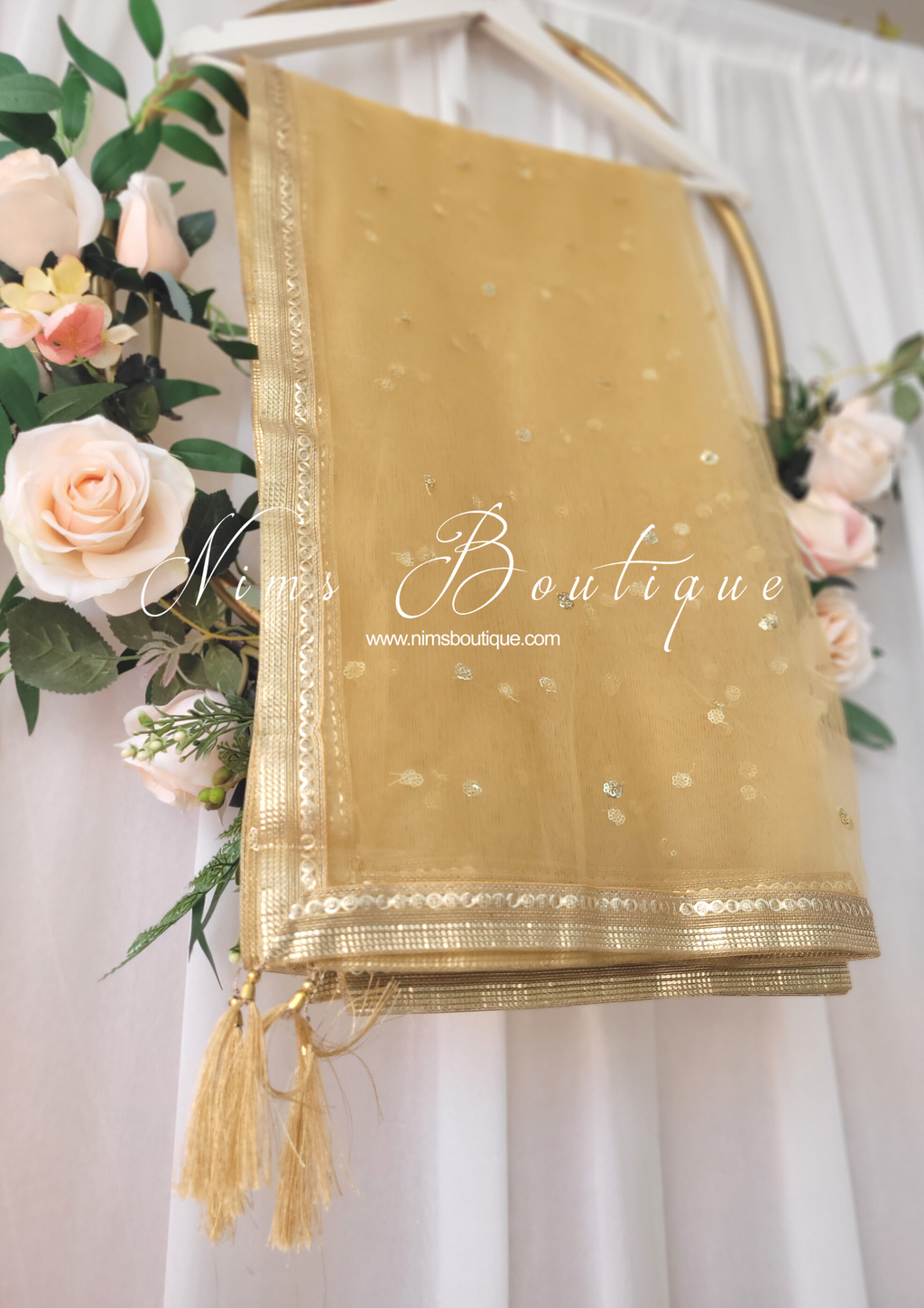 Nims Boutique Gold Net Sequin Dupatta/Chunni
