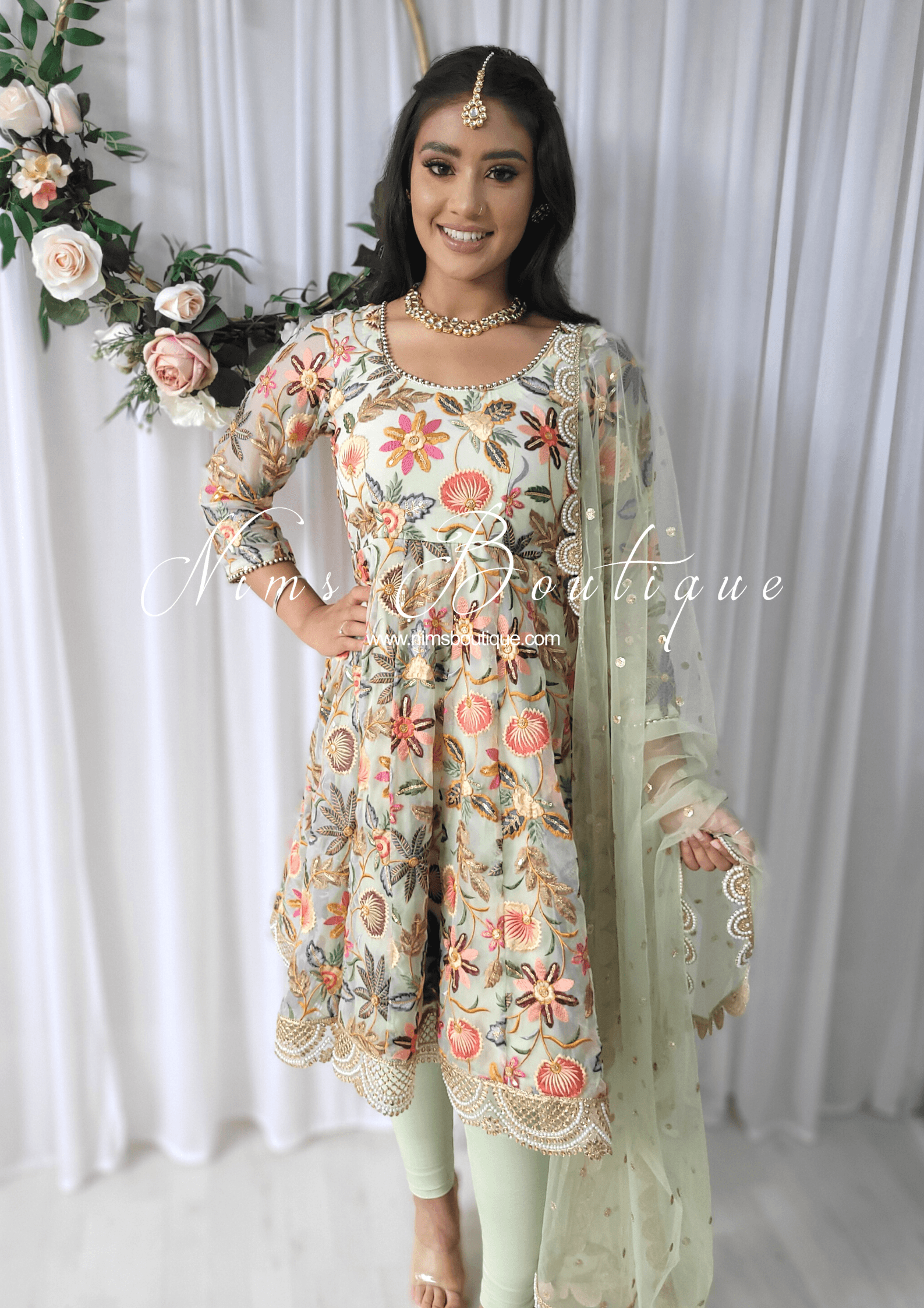 Nims Boutique Roselyn Green Luxury Anarkali Suit with Pajami sizes 4-16