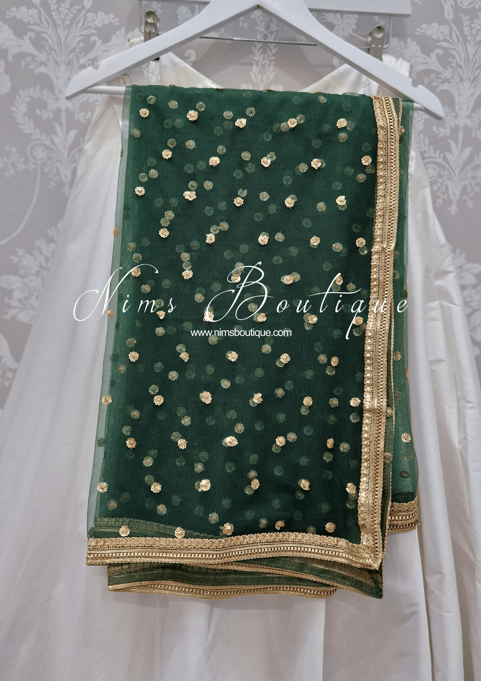 Nims Boutique Luxury Dark Green Net Sequin Dupatta/Chunni LNS2
