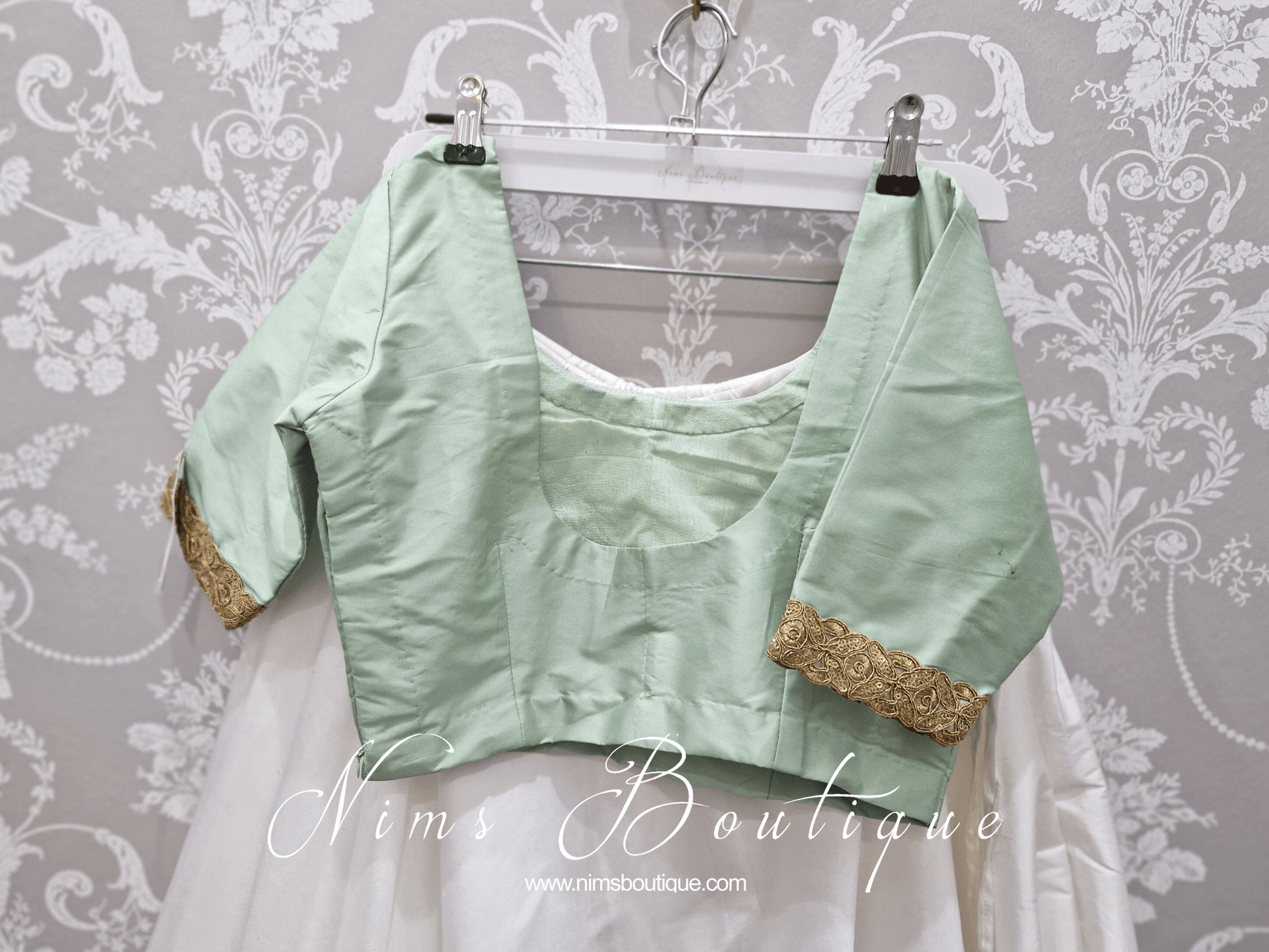 Nims Boutique Mint Pure Silk Scoop Neck Blouse with sleeves, gold edging size 4-20