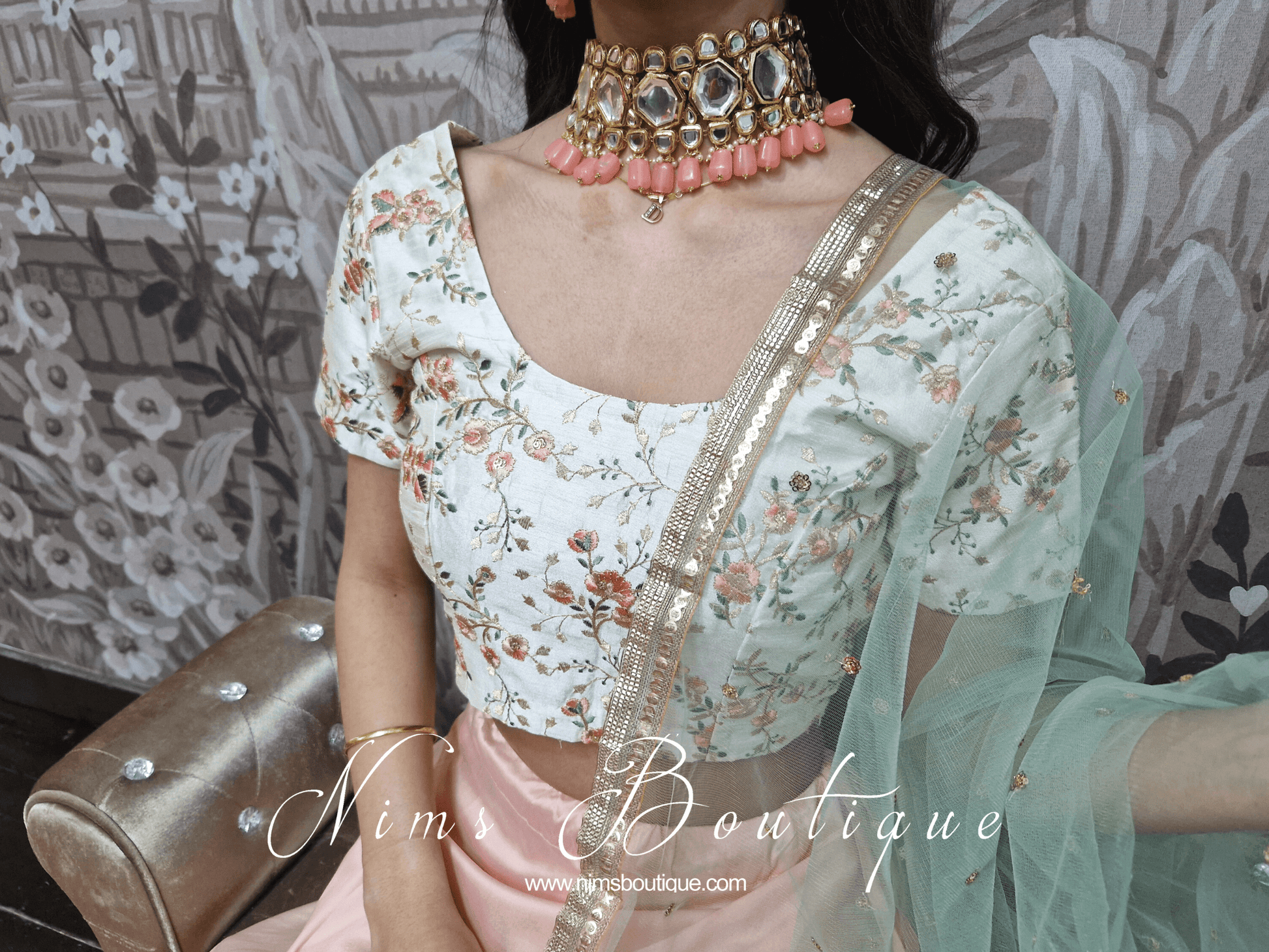 Nims Boutique Isabel Readymade Ivory, Peach & Mint Embroidered Short Sleeve Blouse sizes 4-12