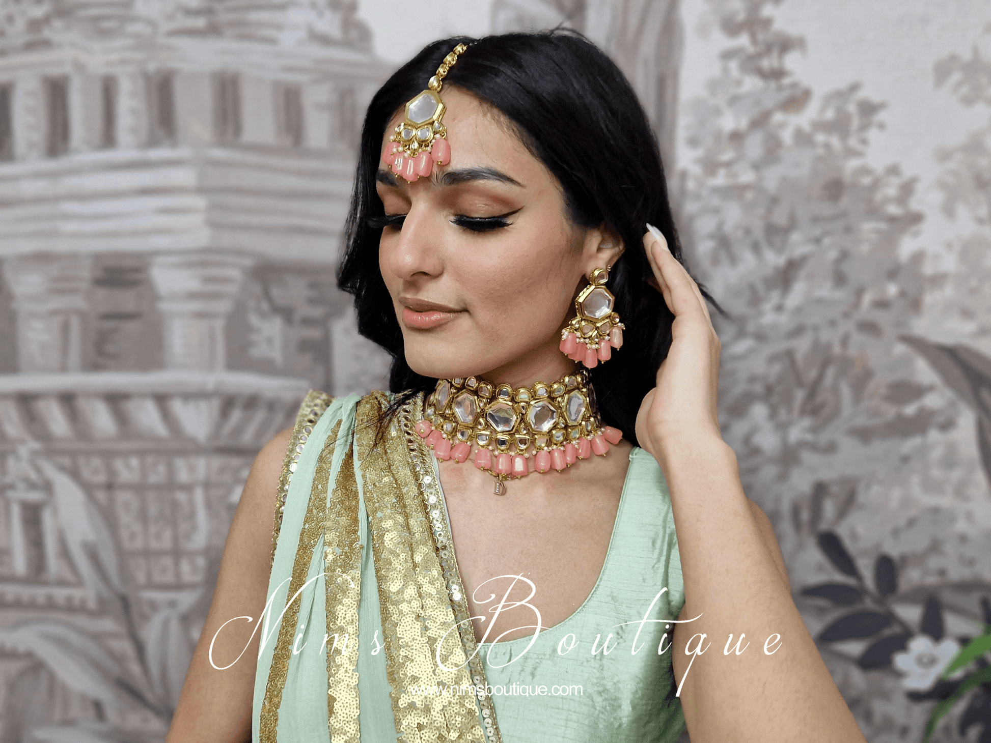 Nims Boutique Pihu Light Coral Blossom Kundan Set