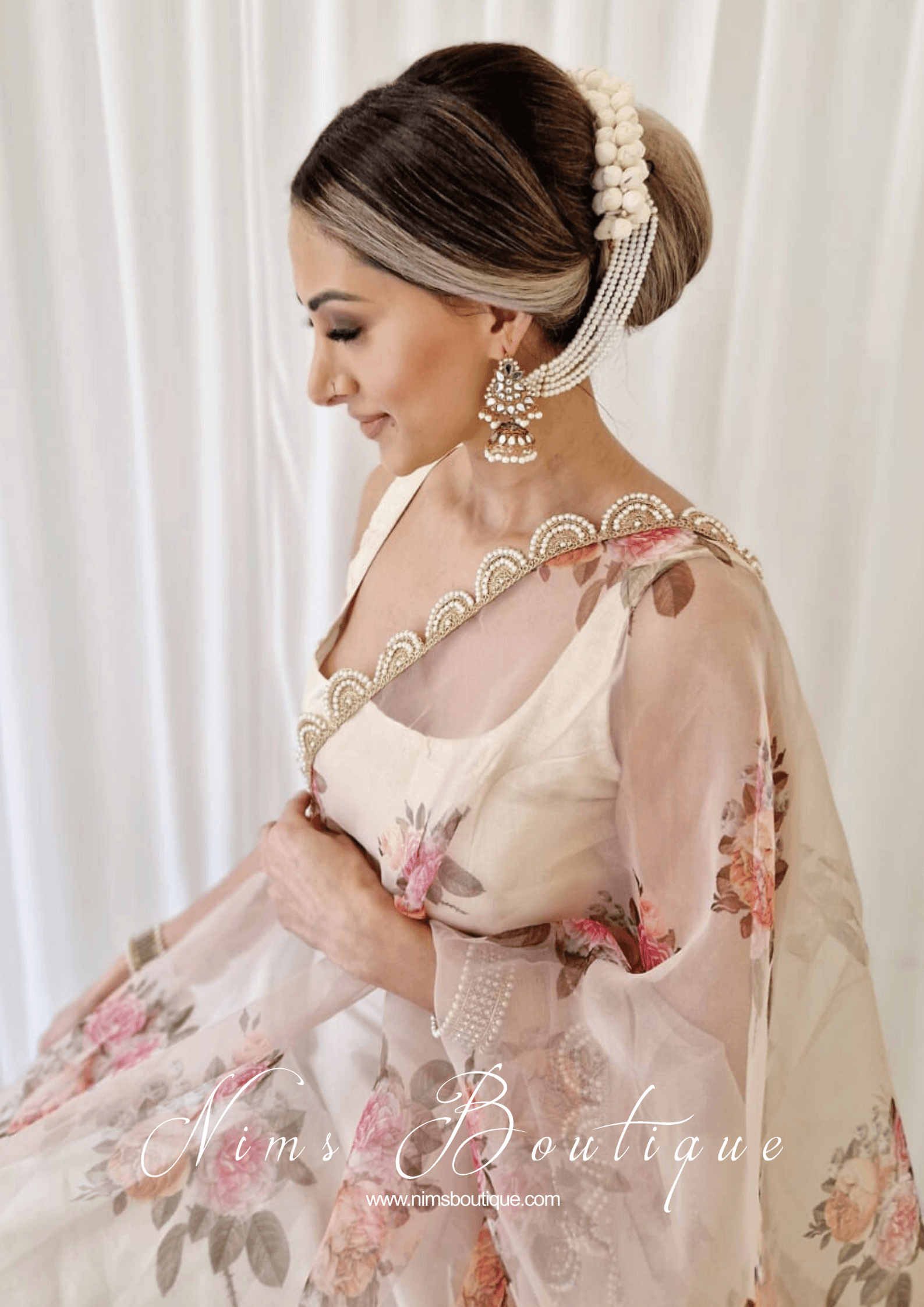 Nims Boutique Dusky Peach Organza Floral Dupatta/Chunni with Luxury Pearl Edging