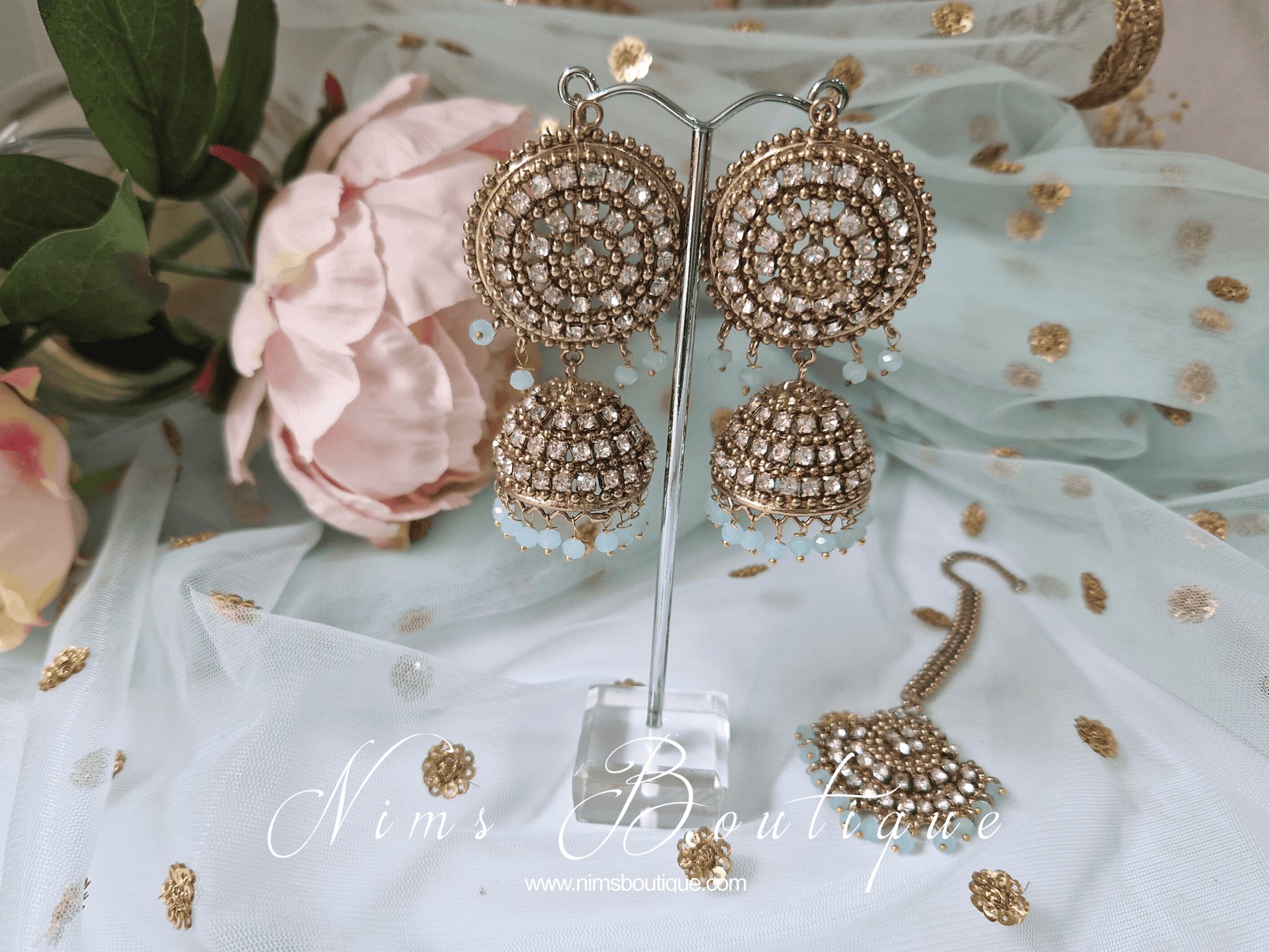Nims Boutique Royal Antique Gold & Light Blue Tikka Set