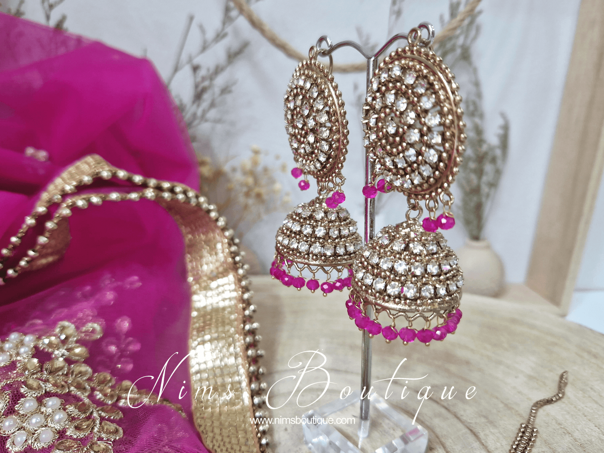 Nims Boutique Royal Antique Gold & Hot Pink Tikka Set