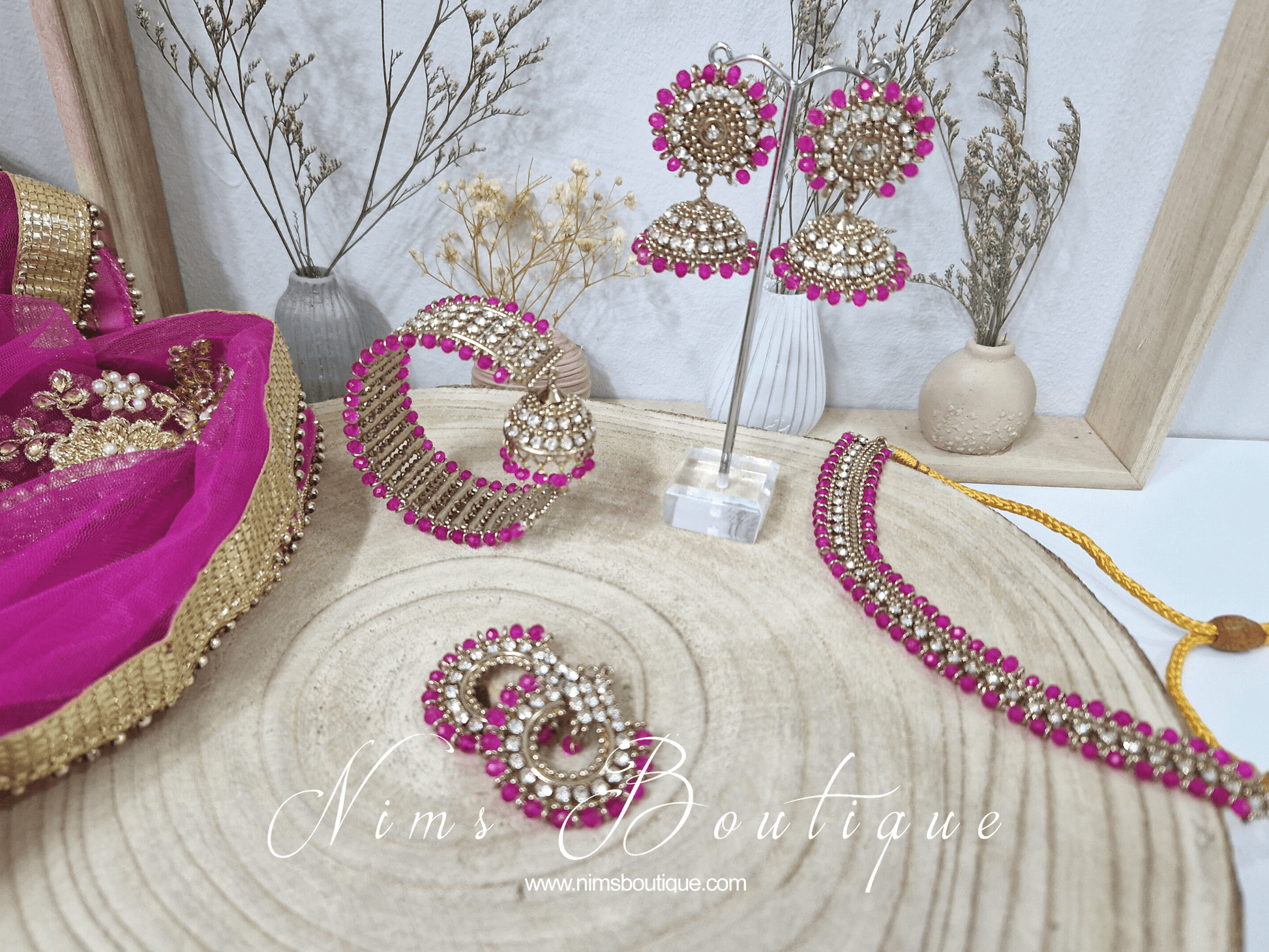 Nims Boutique Vidya Antique Gold & Hot Pink Earrings