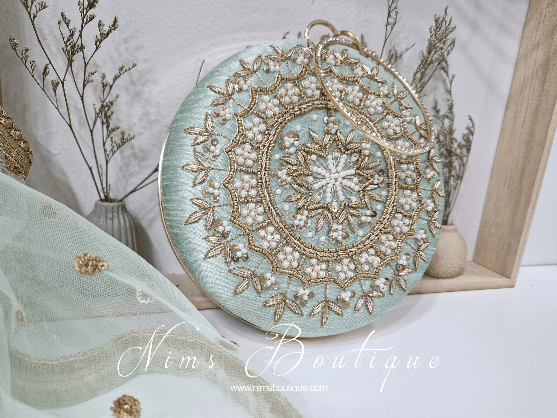 Nims Boutique Large Round Mint Green & Pearl Clutch Bag