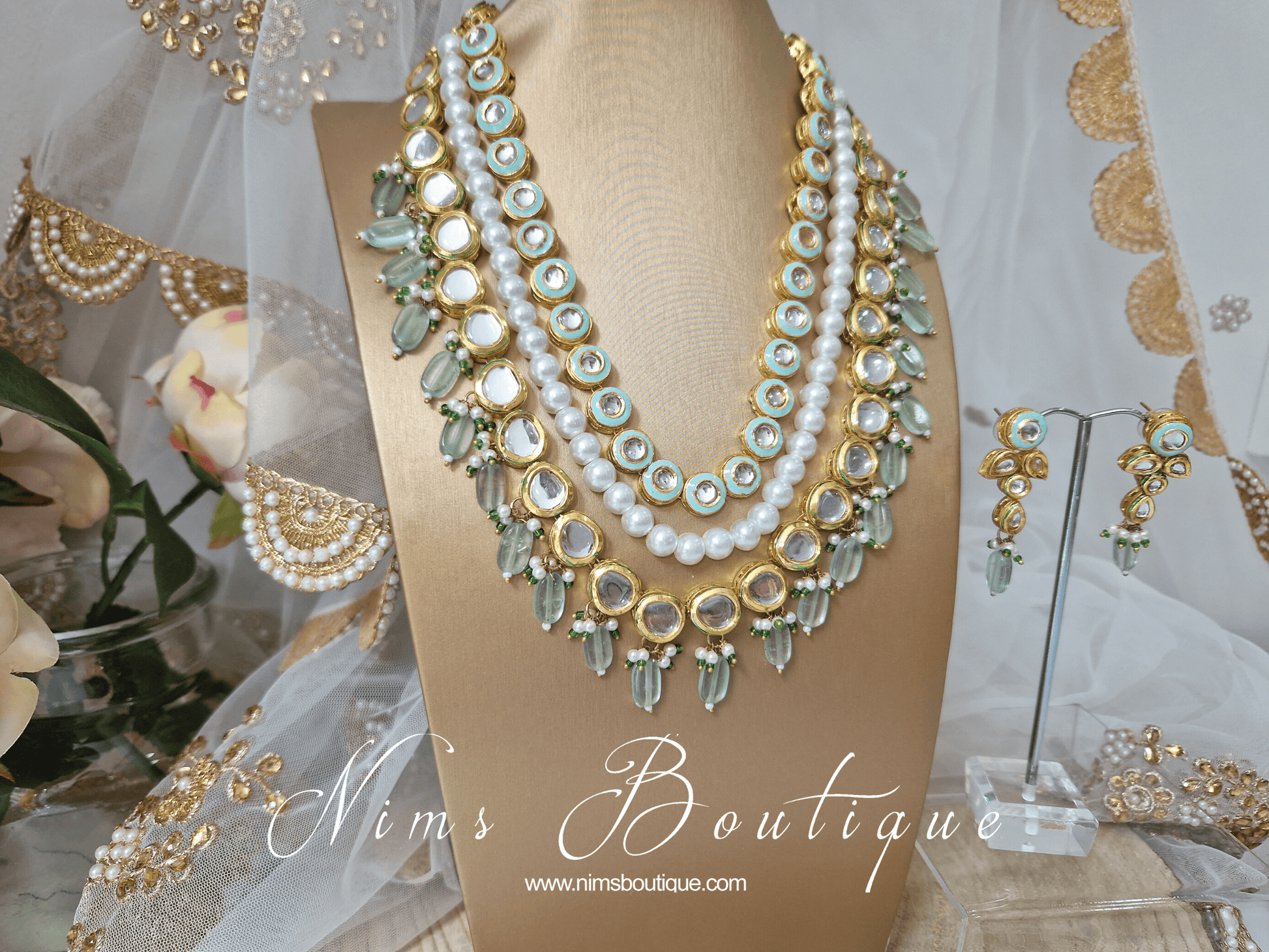 Nims Boutique Myra Blossom Kundan Mint Haar Set