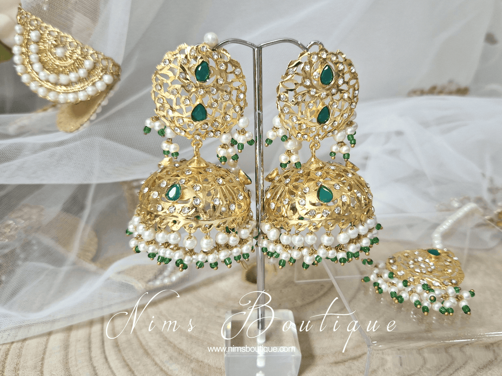 Nims Boutique Mughal Gold & Green Earrings & Tikka Set