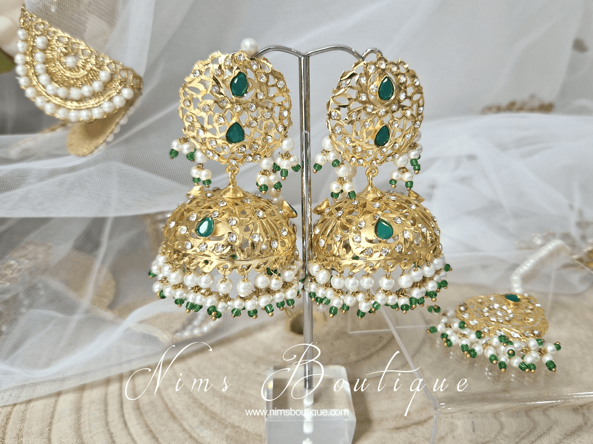 Nims Boutique Mughal Gold & Green Earrings & Tikka Set