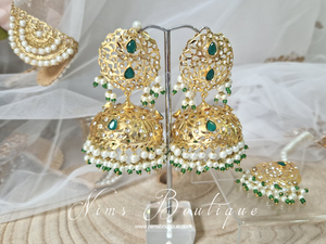 Mughal Gold & Green Earrings & Tikka Set