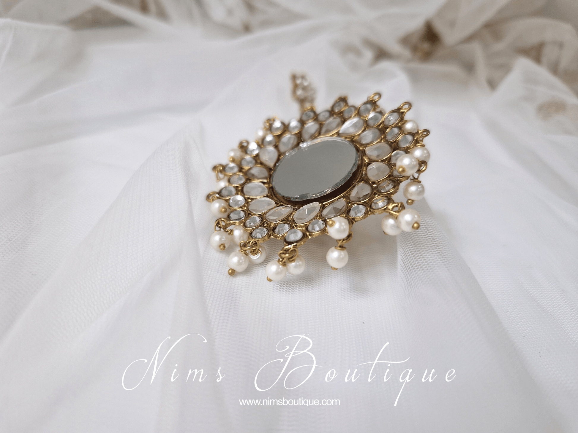 Nims Boutique Large Statement Royal Gold & Pearl Mirror Ring