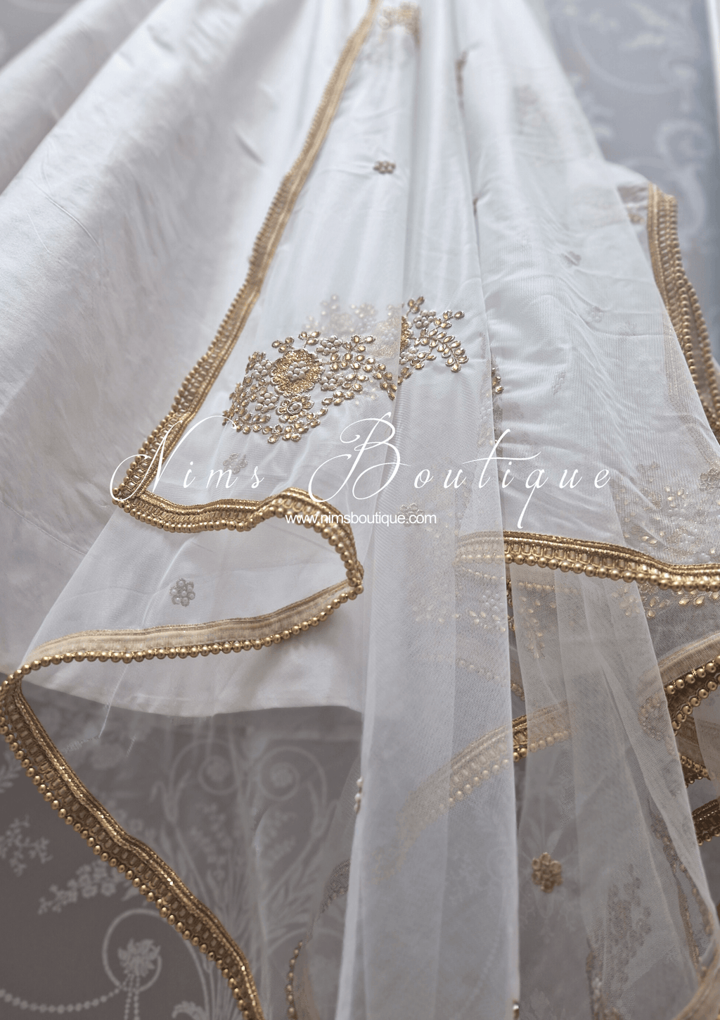 Nims Boutique White Net Pearl Embellished Dupatta/Chunni with Gold Bead Edging GB2