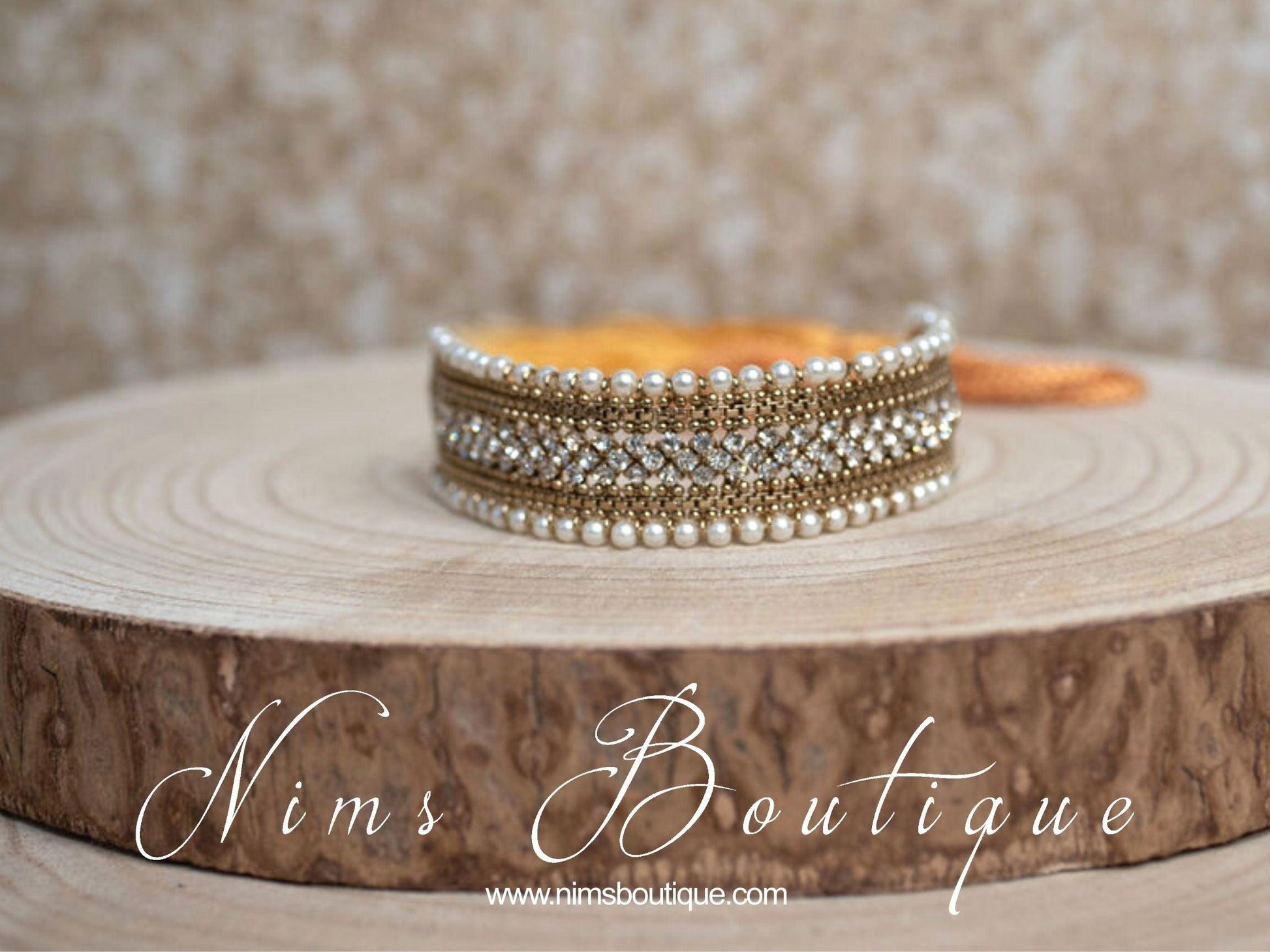 Nims Boutique Celina Pearl & Antique Gold Choker with Clear Stone